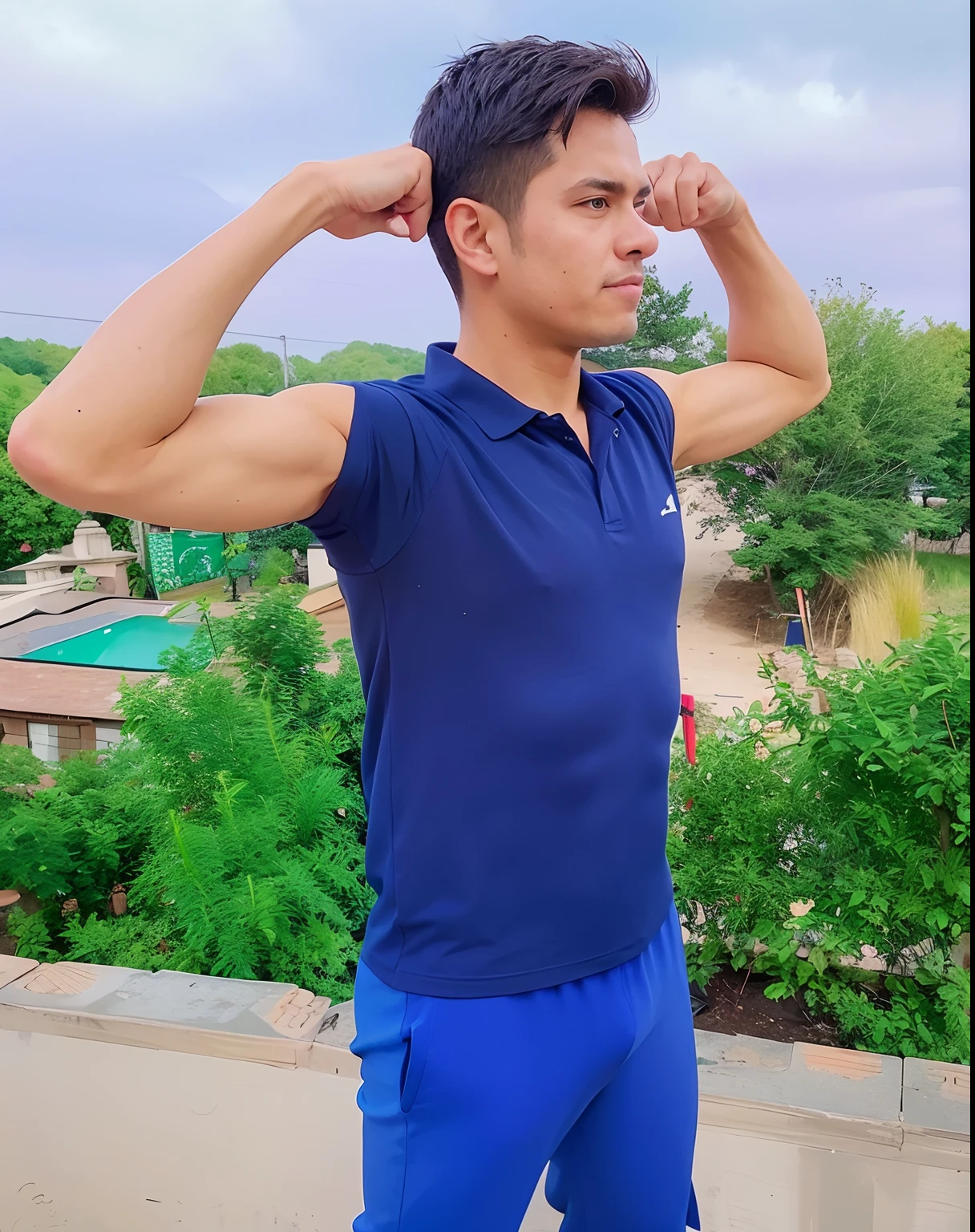 there is a man standing on a roof with his arm raised, strong pose, attractive pose, full body picture, very cool pose, fit pic, shoulders can be seen, cool pose, very artistic pose, awesome pose, powerful pose, shooting pose, arms to side, fully body pose, muscles, most strongest pose, with a cool pose, showing off biceps  CHANGE BACKGROUND WEAR CLOTHES LIKE A WARRIOR. TRANSFORMATION.