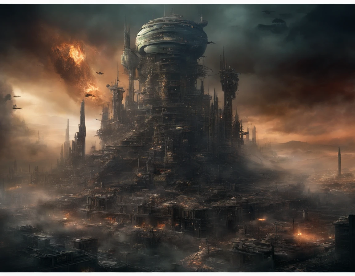 (sci fi art:1.5), Sci-fi post-apocalyptic world, (flying city:1.7), A white flying castle is located above, (The huge mechanism spews smoke:1.3), Panoramic view, Clouds of smoke, dark cloude, (Masterpiece), (Vivid colors:1.6)
