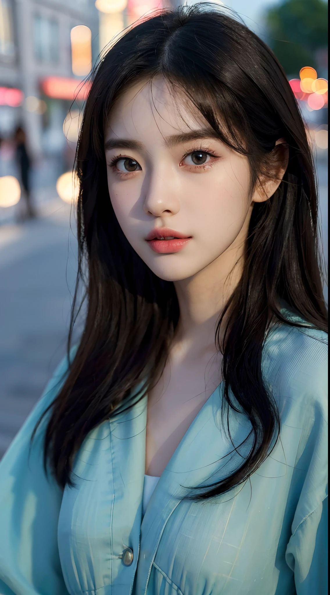 (Best quality,16k,A high resolution,Masterpiece:1.2),Ultra-detailed,(Realistic,Photorealistic,photo-realistic:1.37),Korean fashion beauty,Japanese and Korean beauties,cute and innocent,Detailed eyes and face,beautiful detailed lips,Long eyelashes,slimification,fashionable in dressing,Plump upper circumference,Large breasts,(Lovely,Charming:1.1),Colorful street background,Stylish clothes and accessories,Portrait style photography,Vivid colors,Street lights.