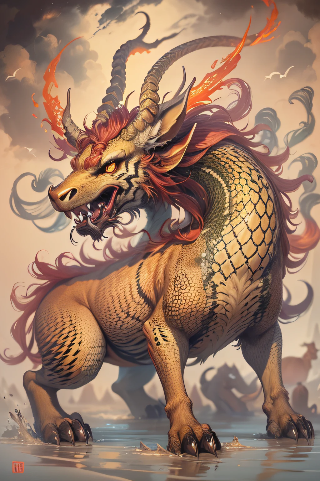 A painting of a mythical beast of ancient Chinese legend, a mythical creature, mythological creatures, detailed creature, an ancient creature,、The horns are like deer、The head is like a camel;、Ears like cats、Eyes like shrimp、The mouth is like a donkey、Hair like a lion、The neck resembles a snake、The abdomen resembles a mirage，Scales resemble carps、The front paws resemble an eagle，The hind paws resemble a tiger。