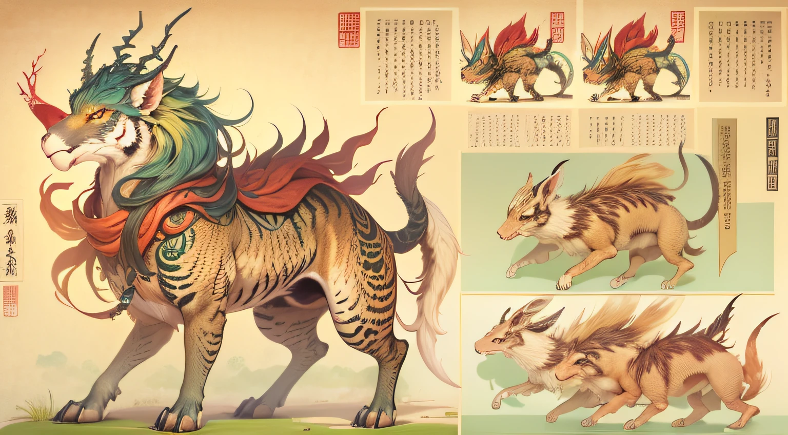 Paintings of mythical beasts in ancient Chinese legends, a mythical creature, mythological creatures, detailed creature, an ancient creature,、The horns are like deer、The head is like a camel;、Ears like cats、Eyes like shrimp、The mouth is like a donkey、Hair like a lion、The neck is like a snake、The abdomen resembles a mirage,Scales resemble carps、The front paws resemble an eagle,The hind paws are like tigers。