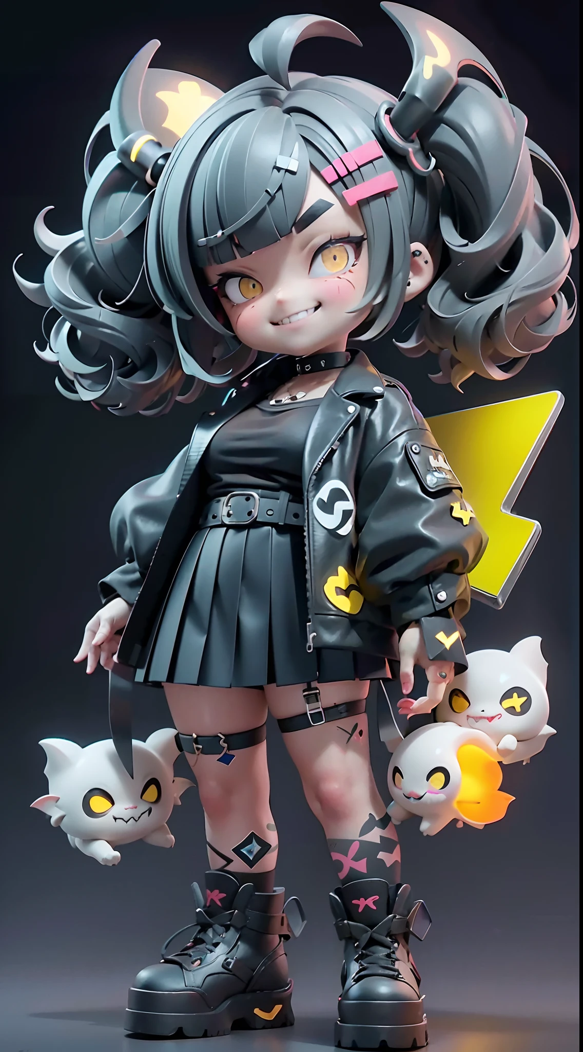 Cute wrapped in clear plastic, Chibi, blue hair, ((Medium short hair)), ((messy Hair)), (Short hair), (((Unkempt hair))), ((big sized short twin tails)), ((diagonal bangs)), Yellow eyes, slant eyes, ((X-shaped pupils)), ((thick eyebrows)), fangs out, open mouth, (((grin smile, fangs))), ((black short sleeve shirt)), black pleated short skirt, spike choker, spike leg ring, black shoes, yellow belt, huge breasts, vivid Color, tattoos, Simple and light background, 3D toy, Cyberpunk style, cinema4d, Octane Render, 3Dmodel, Collectible toys,nendoroid,Street style,Pixar,Big shoes , fashion trend, close-up, yellow and black theme, Full Body --ar 2:3 --niji 5 --q 2 - s 100 - expressive style --s 2