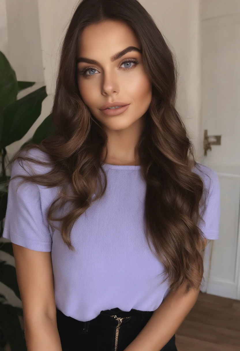 Femme arafed avec une tenue de jeunes femmes, fille sexy aux yeux bruns, Portrait Sophie Mudd, cheveux bruns et grands yeux, selfie of a young woman, Yeux de chambre, Violet Myers, sans maquillage, looking straight at camera, Visage avec Artgram, Superbe photo du corps entier, dans la chambre, clivage