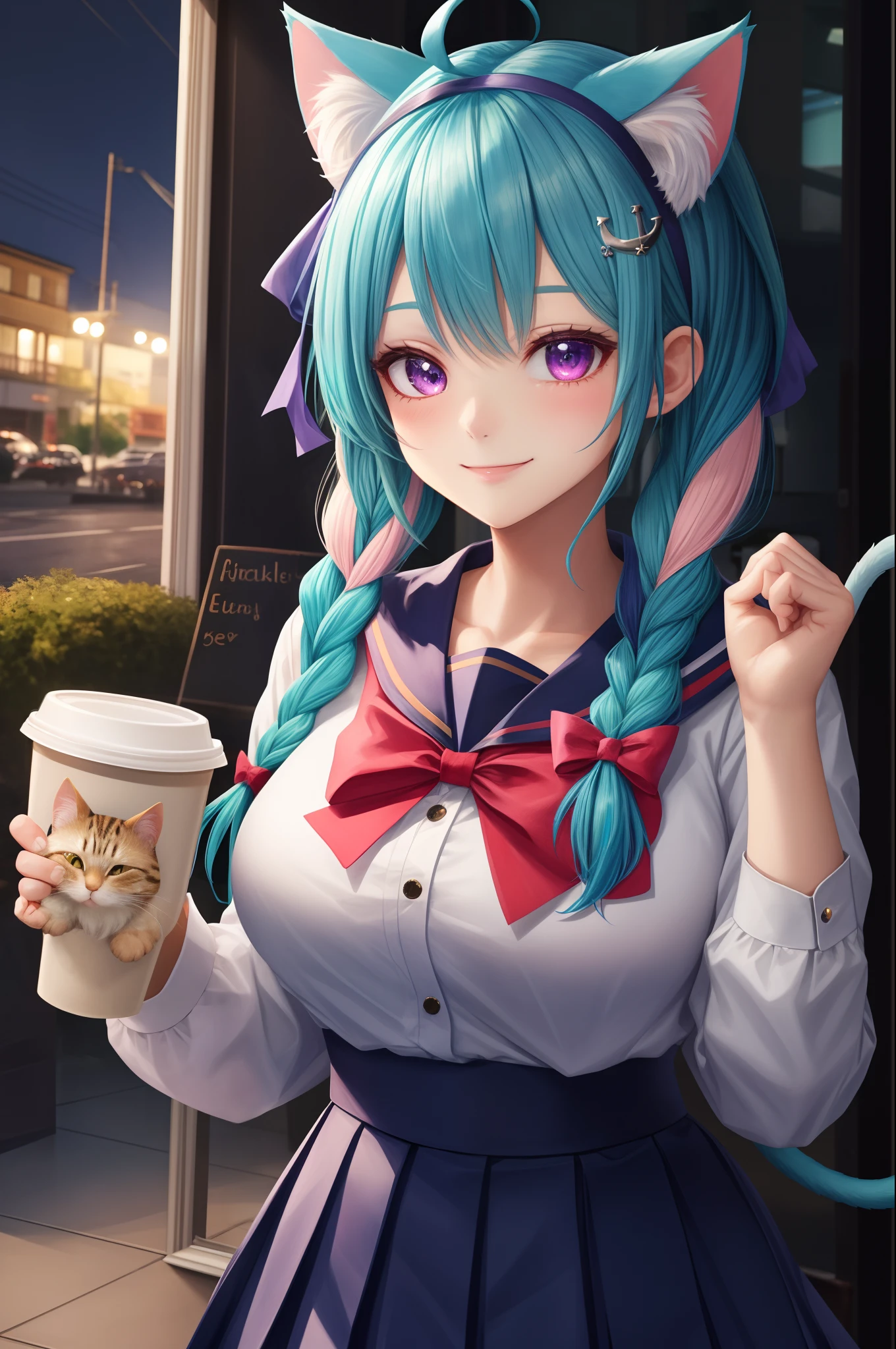 masterpiece, best quality, highres,  sidelighting, 1girl, minato aqua, virtual youtuber, tail, animal ears, cat ears, long hair, purple eyes, braid, ahoge, cat tail, skirt, multicolored hair, twin braids, blue hair,  two-tone hair, hairband, tail ornament, tail ribbon, pink hair, anchor hair ornament, ribbon, sailor collar, school uniform, pleated skirt, bow, cat girl, twintails, large breasts, bangs, upper body, cafe, smile,