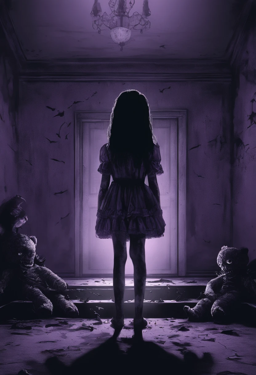 A scared adolescent girl with a lolita outfit, on her knees, holding a teddybear, in the middle of a dark purple room, demons grabbing her, shadow monsters, childhood trauma, nightmare