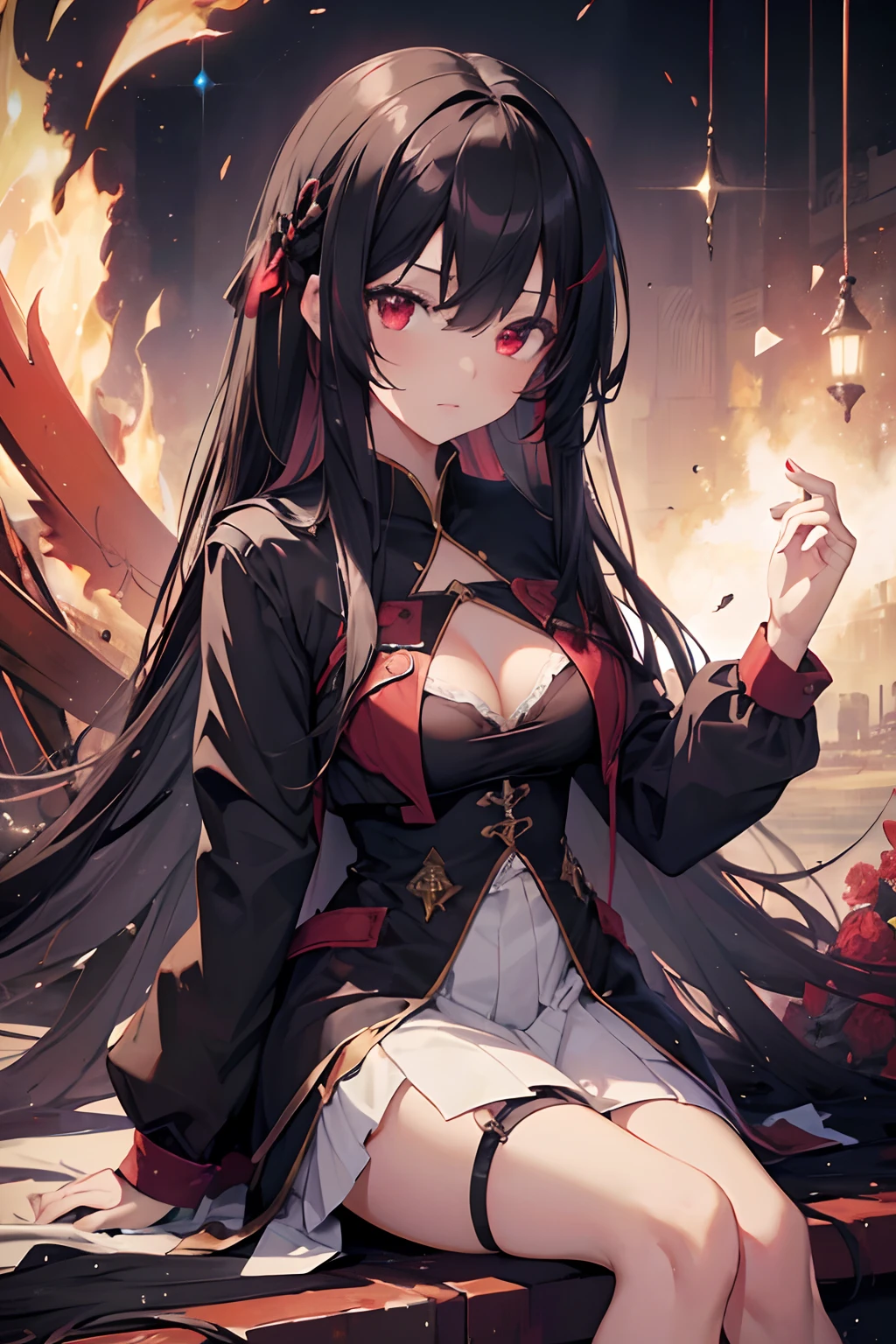 (best quality,highres,ultra-detailed,realistic:1.2),girl with black hair,red eyes,fire witch,blades of light,particles of light,rays of light,wallpaper,high contrast,colorful,breasts,entranced,sexy,full-body lesbian,lingerie,nude