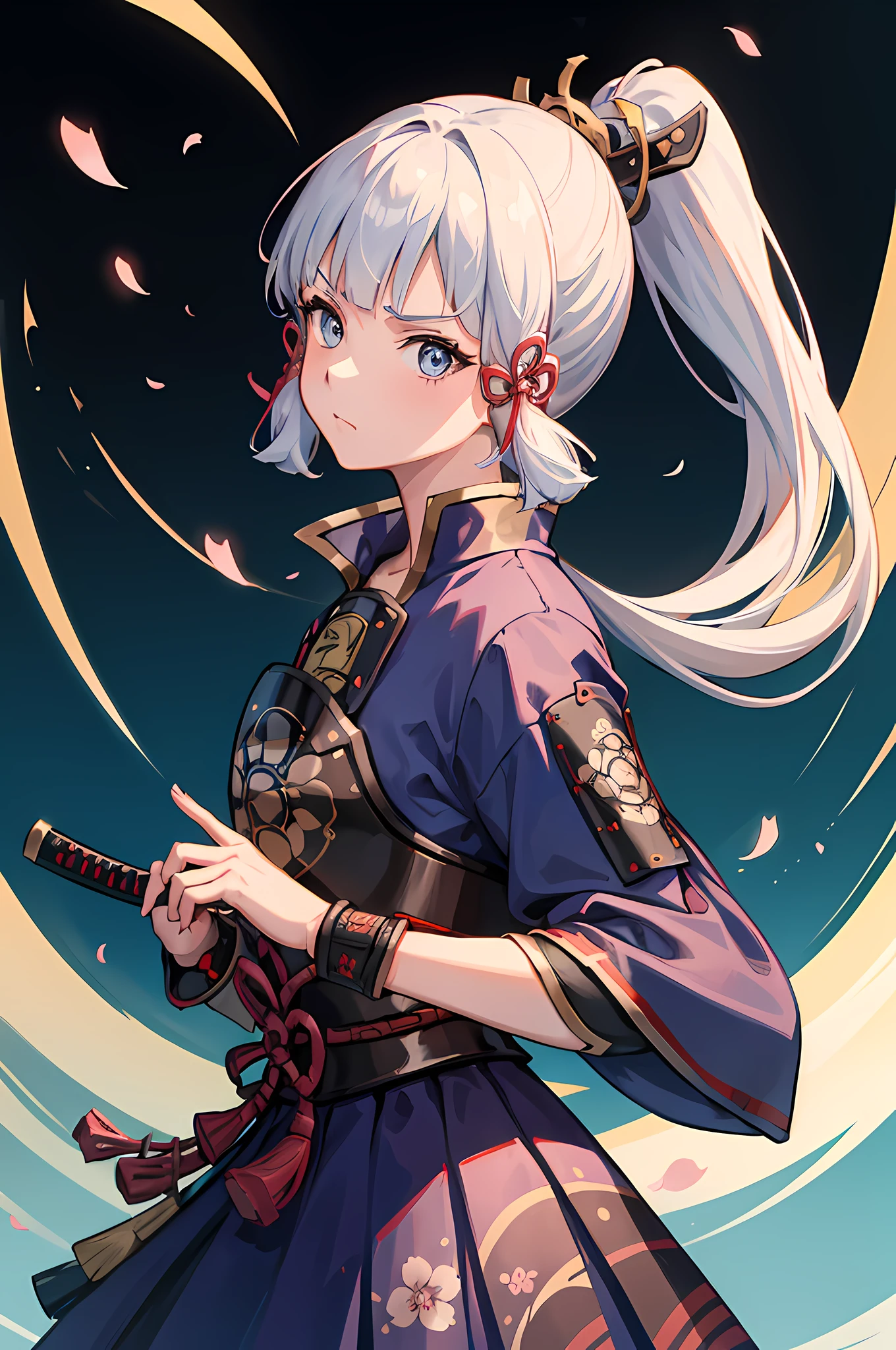 1 girl, ponytail, samurai mask, samurai, holding katana (amenoma kageuchi) , angry, furious eyes, perfect eyes, cherry blossom, celestial lighting, japanese background, better quality, highres, 8k, masterpiece, shogun, simple background, perfect face, katana in hand, holding sword