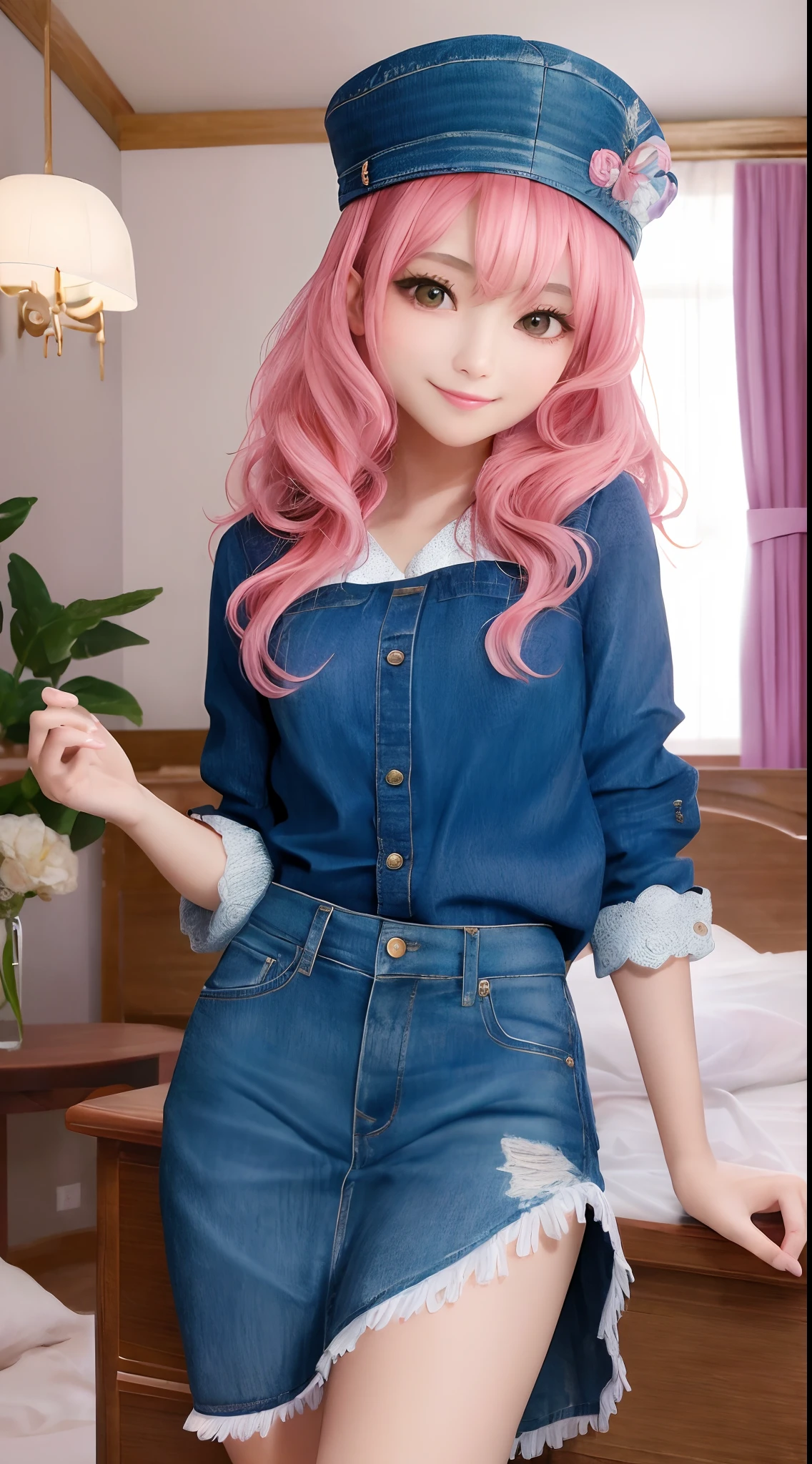 (masterpiece、top-quality)、1 beutiful girl、A smile、Slim body、(Plain clothe:1.1)、(Detailed beautiful eyes)、Bedroom、in a house、Pink longhair