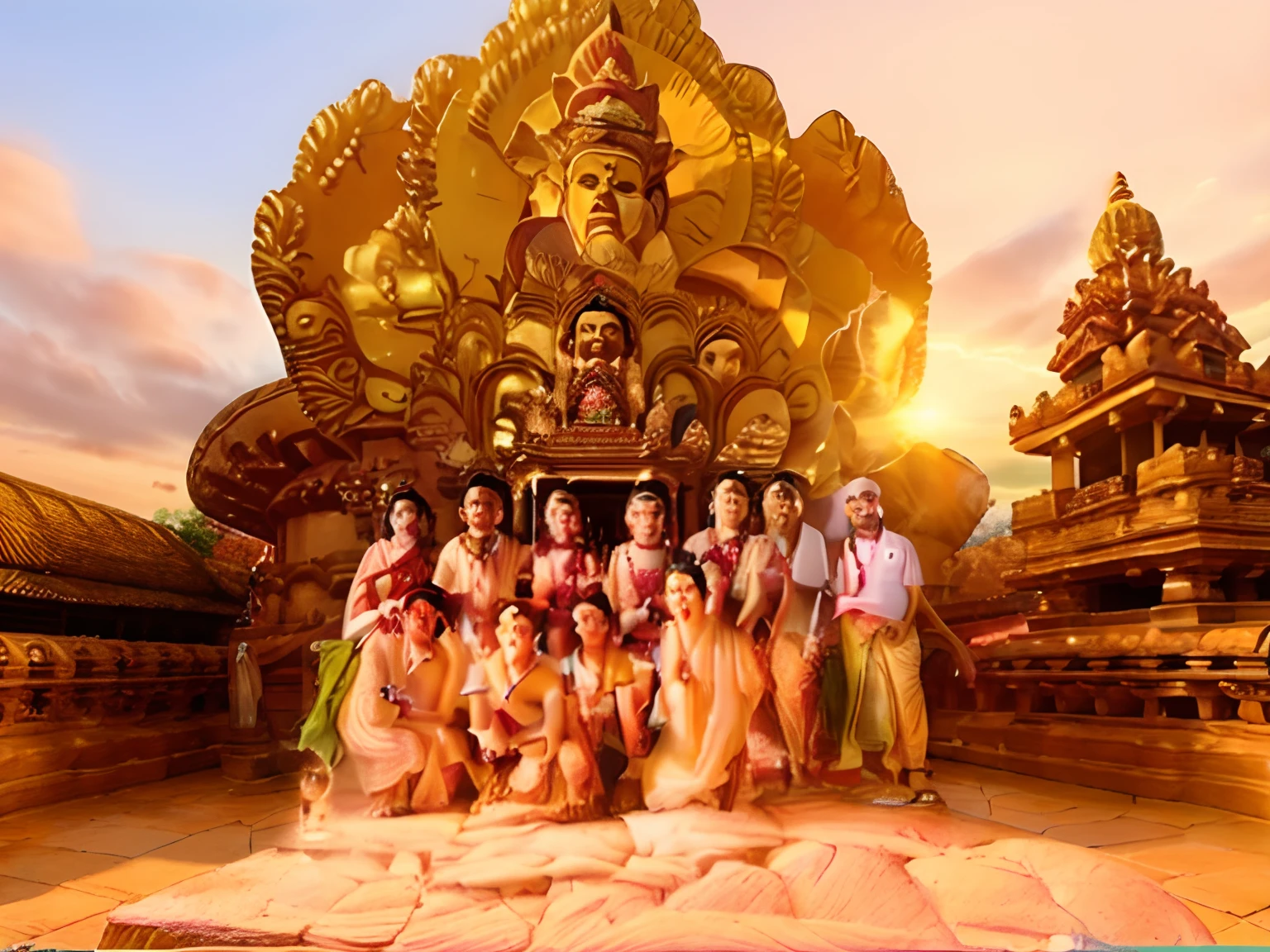 there are many people posing for a picture in front of a ganpati statue, with many travelers, standing in a hindu kovil, in front of the temple, in front of a temple, in group photograph, photo taken in 2 0 2 0, kailasa temple, group photo, ganapati, beautiful ganpati statue, realistic, hyper realistic, 8k