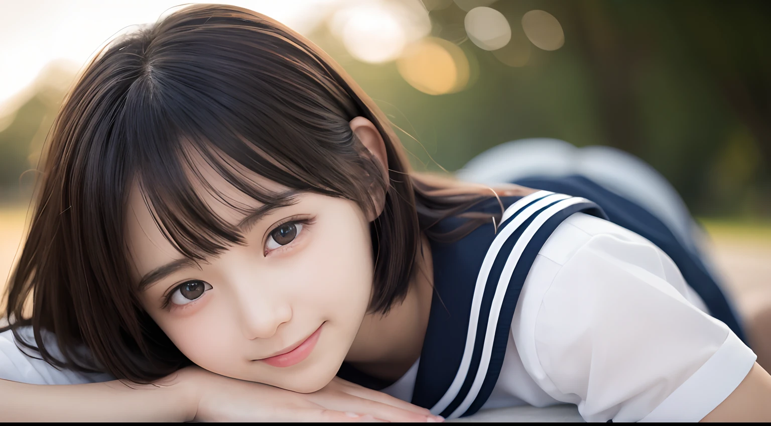 masutepiece, Best Quality, 8K, 15yo student, Teen, Raw photo, absurderes, award winning portrait, Smile,closes mouth, Solo, Idol face, violaceaess, gardeniass, Delicate girl, laying on back, Digital SLR, Looking at Viewer, Candid, Sophisticated, Thin arms, Professional Lighting, Film grain, chromatic abberation, (Eyes and faces with detailed:1.0), (Bokeh:1.1) , huge-breasted , Sailor Uniform , Short hair , Long hair