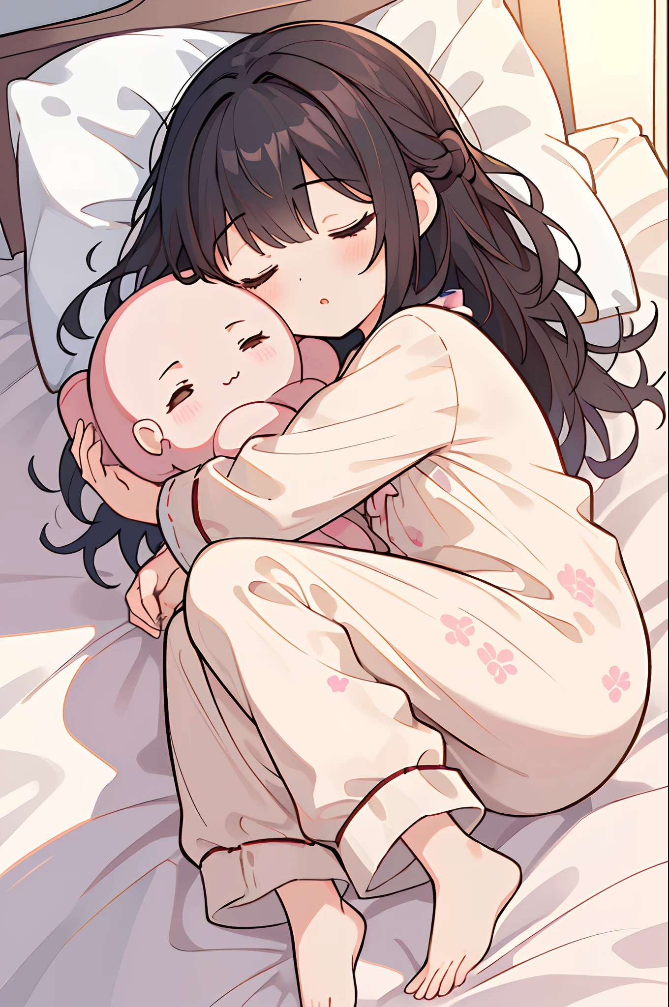 (top-quality、​masterpiece), 1girl in, Sleeping on your side, s Pajamas, From  above, a bed, girl's own room, Hug Doll