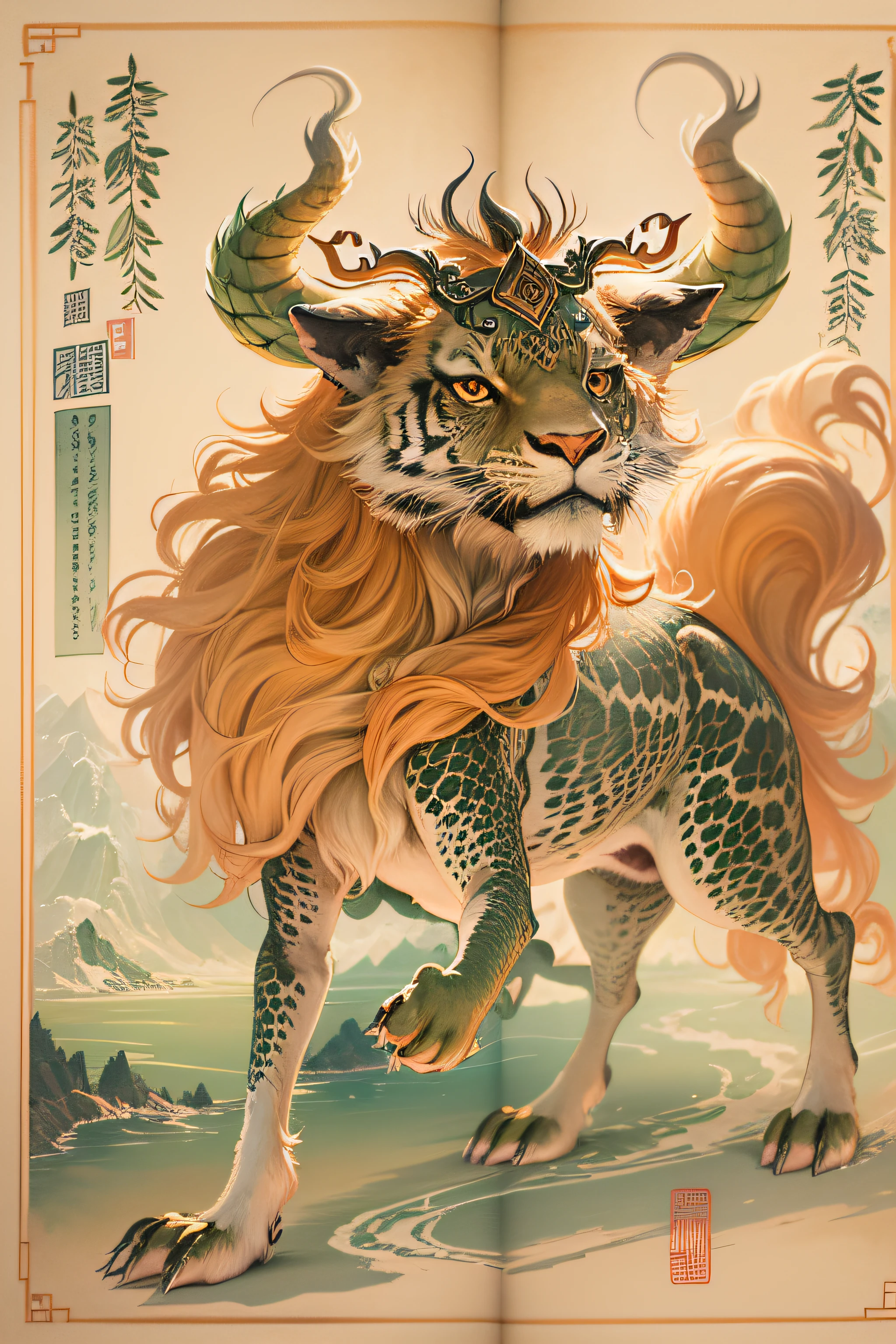 A painting of a mythical beast of ancient Chinese legend, a mythical creature, mythological creatures, detailed creature, an ancient creature,、The horns are like deer、The head is like a camel;、Ears like cats、Eyes like shrimp、The mouth is like a donkey、Hair like a lion、The neck resembles a snake、The abdomen resembles a mirage，Scales resemble carps、The front paws resemble an eagle，The hind paws resemble a tiger。