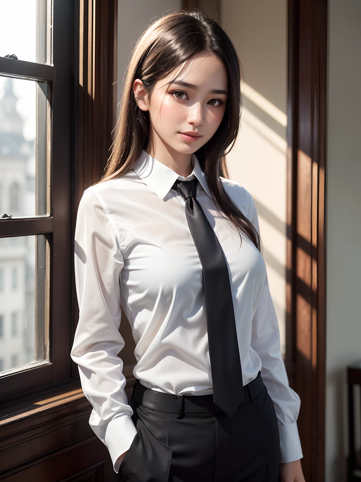 , detailed shiny skin, (realistic, photo-realistic:1.4), a pretty girl, standing, looking out of window, white shirt, collared shirt, black necktie, black trousers, long sleeves, slight smile (nose blush), yellow eyes + r...