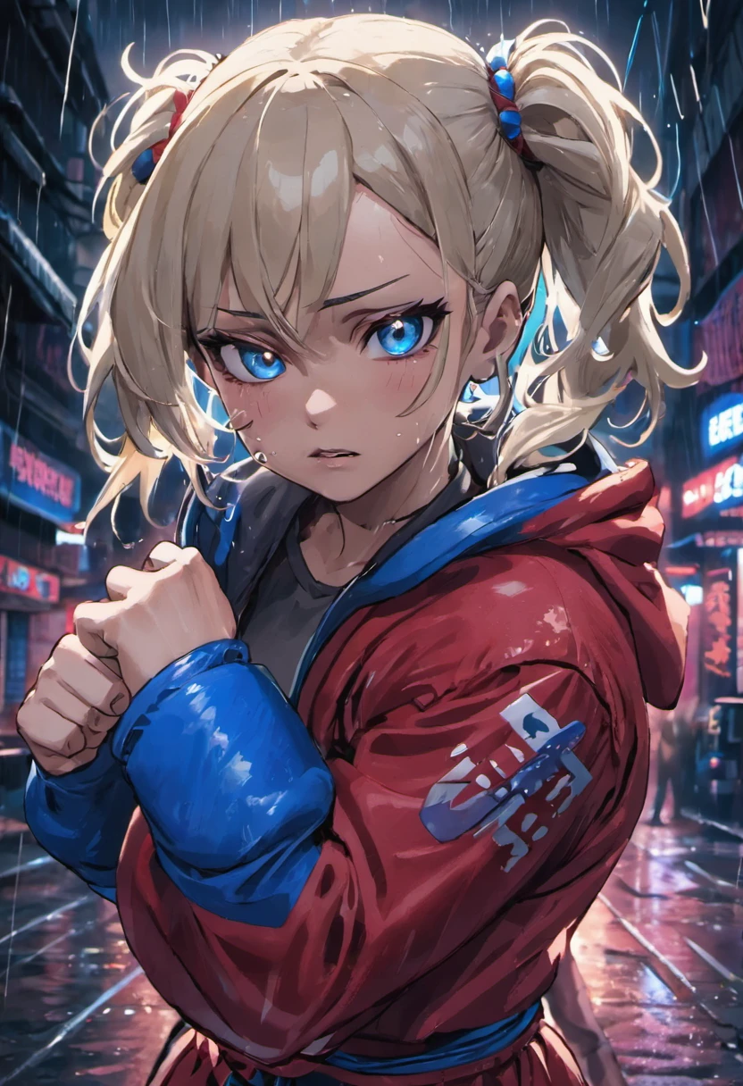 Muay Thai, Close up photography, Confident young cyberpunk woman，blonde with blue eyes，Gray hair bun, Wears a hood with a red and blue design, At night on the rain-soaked streets, Fotorrealista, Cinematic lighting, Muay Thai subtitles