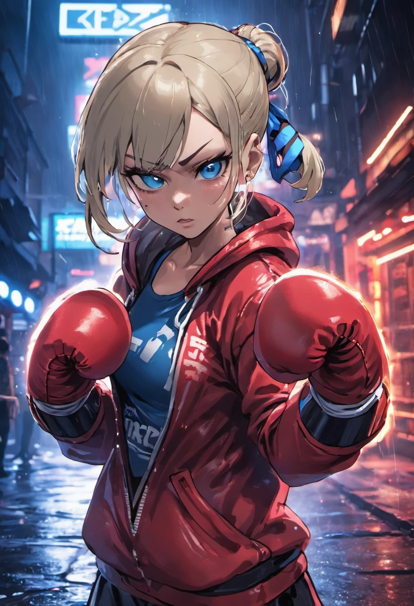 Muay Thai, Close up photography, Confident young cyberpunk woman，blonde with blue eyes，Gray hair bun, Wears a hood with a red and blue design, At night on the rain-soaked streets, Fotorrealista, Cinematic lighting, Muay Thai subtitles