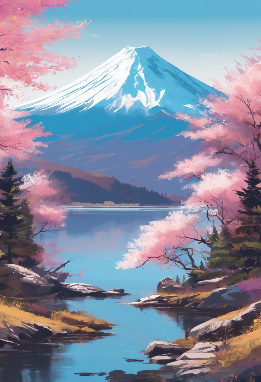 monte fuji,snow-capped summit,clear blue sky,no clouds,serene reflection in a lake,winding hiking trail,whispering pine trees,gentle breeze,tranquil atmosphere,pink cherry blossoms,crisp air,hiker admiring the view,majestic peak,snow-capped mountains in the distance,shimmering sunlight on the snow,peaceful solitude,ethereal beauty,serenity in nature,mountain range stretching into the horizon,captivating landscape,pristine wilderness,snow-covered slopes,transcendent experience,grandeur of nature,awe-inspiring scenery,harmony between mountain and sky,immense scale of the mountain,serene and untouched wilderness,snow-kissed branches,sublime tranquility,(best quality,4k,8k,highres,masterpiece:1.2),ultra-detailed,(realistic,photorealistic,photo-realistic:1.37),painterly brushstrokes,vibrant colors,soft pastel hues,dreamlike quality,subtle lighting,sublime reflections in the water.