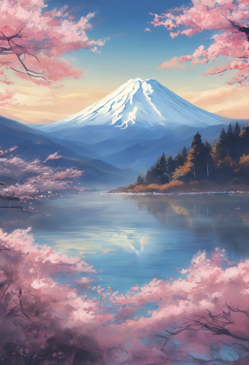 monte fuji,snow-capped summit,clear blue sky,no clouds,serene reflection in a lake,winding hiking trail,whispering pine trees,gentle breeze,tranquil atmosphere,pink cherry blossoms,crisp air,hiker admiring the view,majestic peak,snow-capped mountains in the distance,shimmering sunlight on the snow,peaceful solitude,ethereal beauty,serenity in nature,mountain range stretching into the horizon,captivating landscape,pristine wilderness,snow-covered slopes,transcendent experience,grandeur of nature,awe-inspiring scenery,harmony between mountain and sky,immense scale of the mountain,serene and untouched wilderness,snow-kissed branches,sublime tranquility,(best quality,4k,8k,highres,masterpiece:1.2),ultra-detailed,(realistic,photorealistic,photo-realistic:1.37),painterly brushstrokes,vibrant colors,soft pastel hues,dreamlike quality,subtle lighting,sublime reflections in the water.