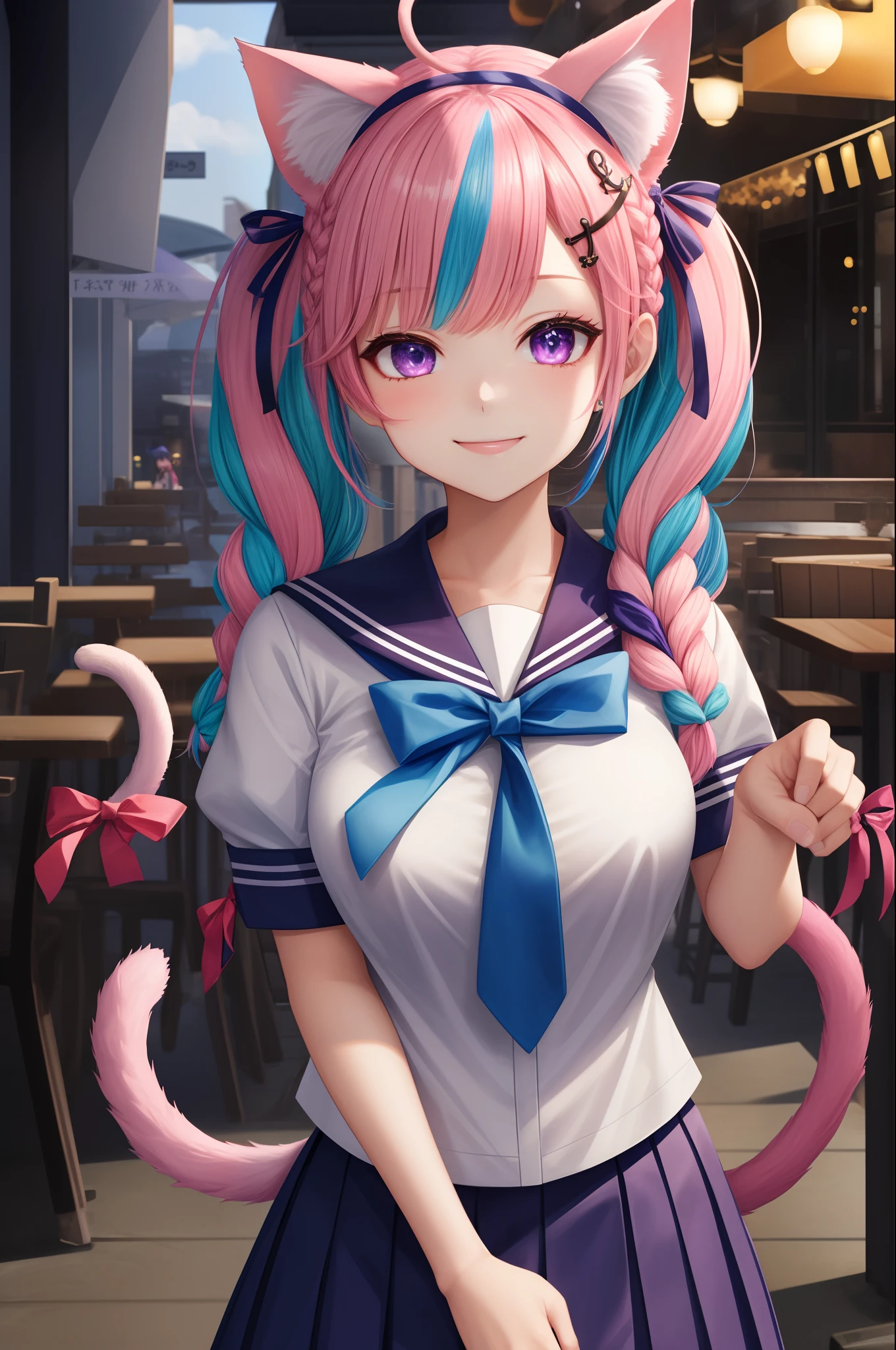 masterpiece, best quality, highres,  sidelighting, 1girl, minato aqua, virtual youtuber, tail, animal ears, cat ears, long hair, purple eyes, braid, ahoge, cat tail, skirt, multicolored hair, twin braids, blue hair,  two-tone hair, hairband, tail ornament, tail ribbon, pink hair, anchor hair ornament, ribbon, sailor collar, school uniform, pleated skirt, bow, cat girl, twintails, large breasts, bangs, upper body, cafe, smile,