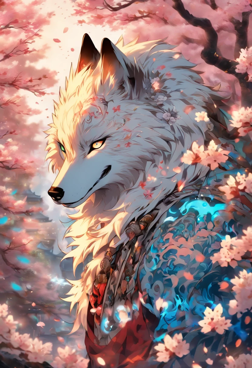 The most beautiful and enchanted wolf spirit, white hair, glowing blue eyes, tons of tattoos and piercings, in the most beautiful enchanted forest, graffiti and kanji elements in the background, cherry blossoms blowing in the wind, highly detailed, perfect masterpiece, high quality, high resolution