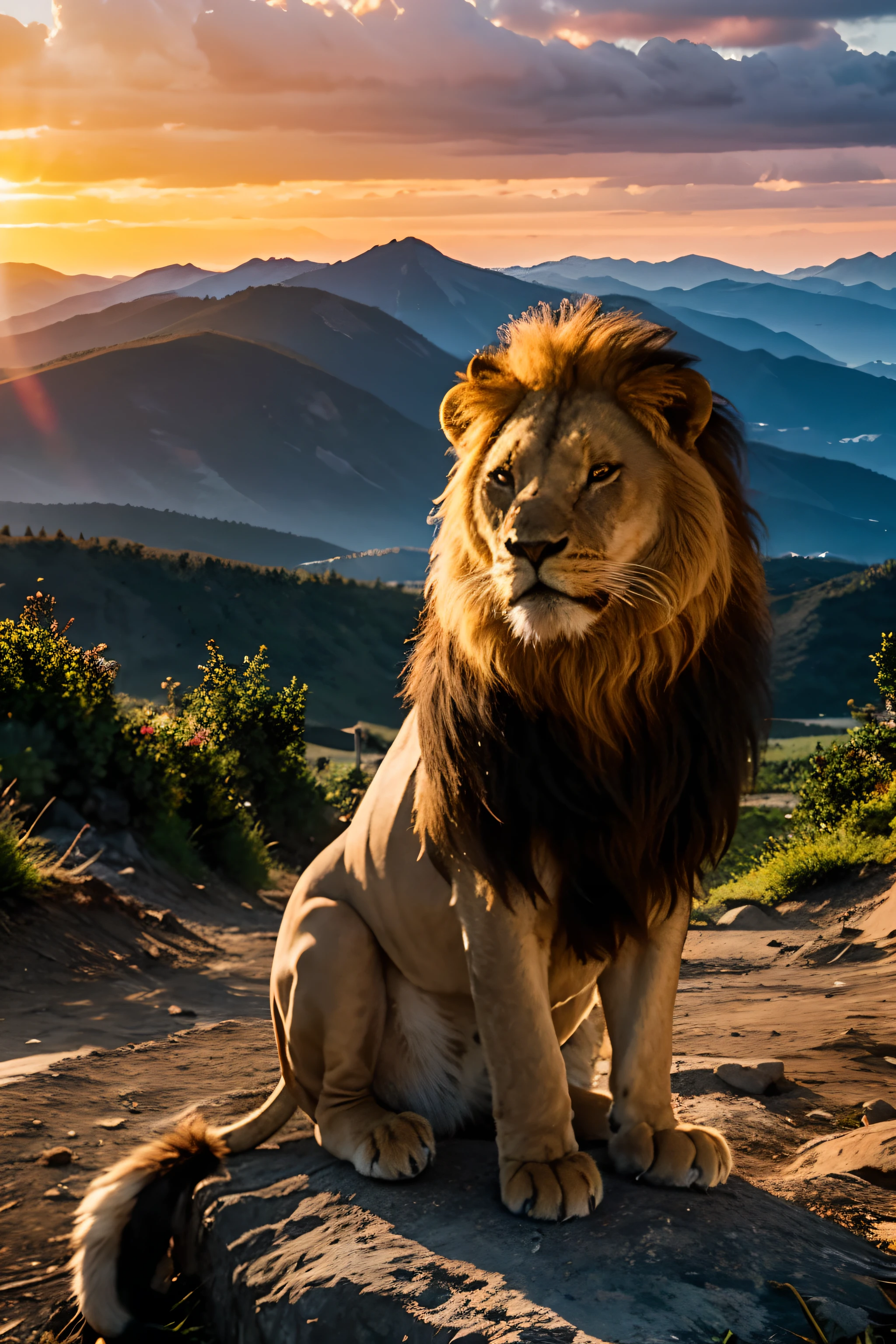 Lion sitting on top of mountain watching the sunset, 4k, Ultra realista, lifelike lighting