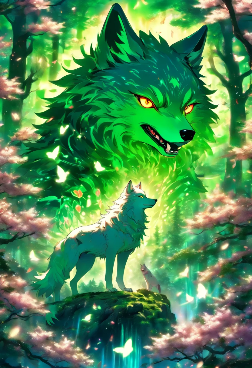 The most beautiful and enchanted wolf spirit, white hair, glowing green eyes, tons of tattoos and piercings, in the most beautiful enchanted forest, graffiti and kanji elements in the background, cherry blossoms blowing in the wind, highly detailed, perfect masterpiece, high quality, high resolution