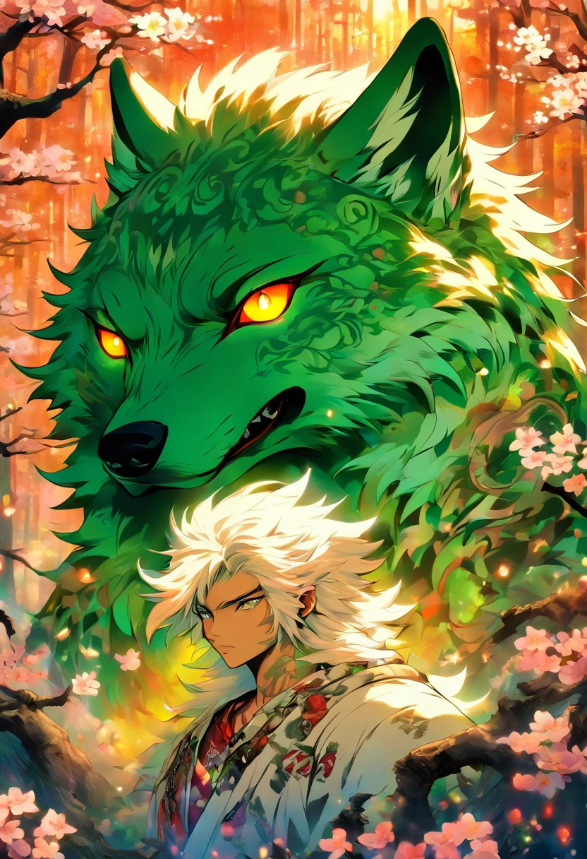 The most beautiful and enchanted wolf spirit, white hair, glowing green eyes, tons of tattoos and piercings, in the most beautiful enchanted forest, graffiti and kanji elements in the background, cherry blossoms blowing in the wind, highly detailed, perfect masterpiece, high quality, high resolution