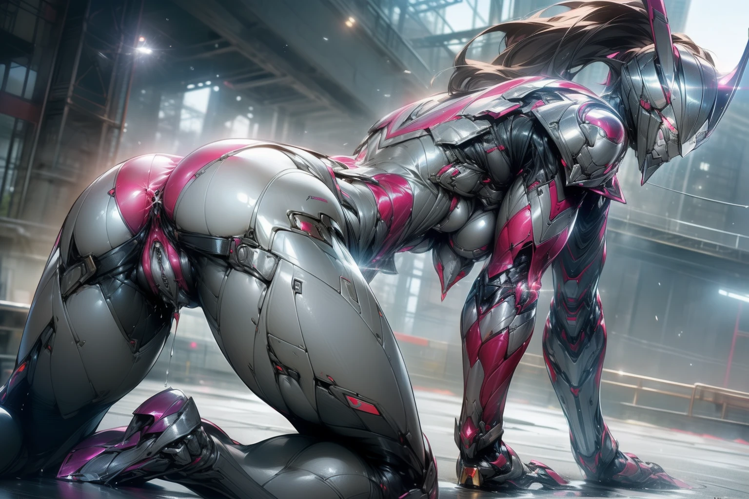(masterpiece、8K、Ultra-delicate、hight resolution),(((Female Ultraman))),(((large Boob))),(her head is tapering,The body is made of red and silver,pink armor,The arms present a streamlined design,On the chest there is a round calculator,Looks tall and thin,The overall shape is streamlined、Modern),posed for photo,city backgroung details,NSFW,Cameltoe,(Dynamic victory Pose:1.2),from below,ass focus,the morning sun,(Erect clitoris:1.3),((Open pussy:1.5)),((wet pussy:1.2)),(silver high ponytail:1.1),Crying face,((from behind:1.2)),((ass)),((all-fours:1.2)),(Raise your buttocks high:1.2)、(kowtow:1.2),spread buttocks,(muscular legs:1.3),cum