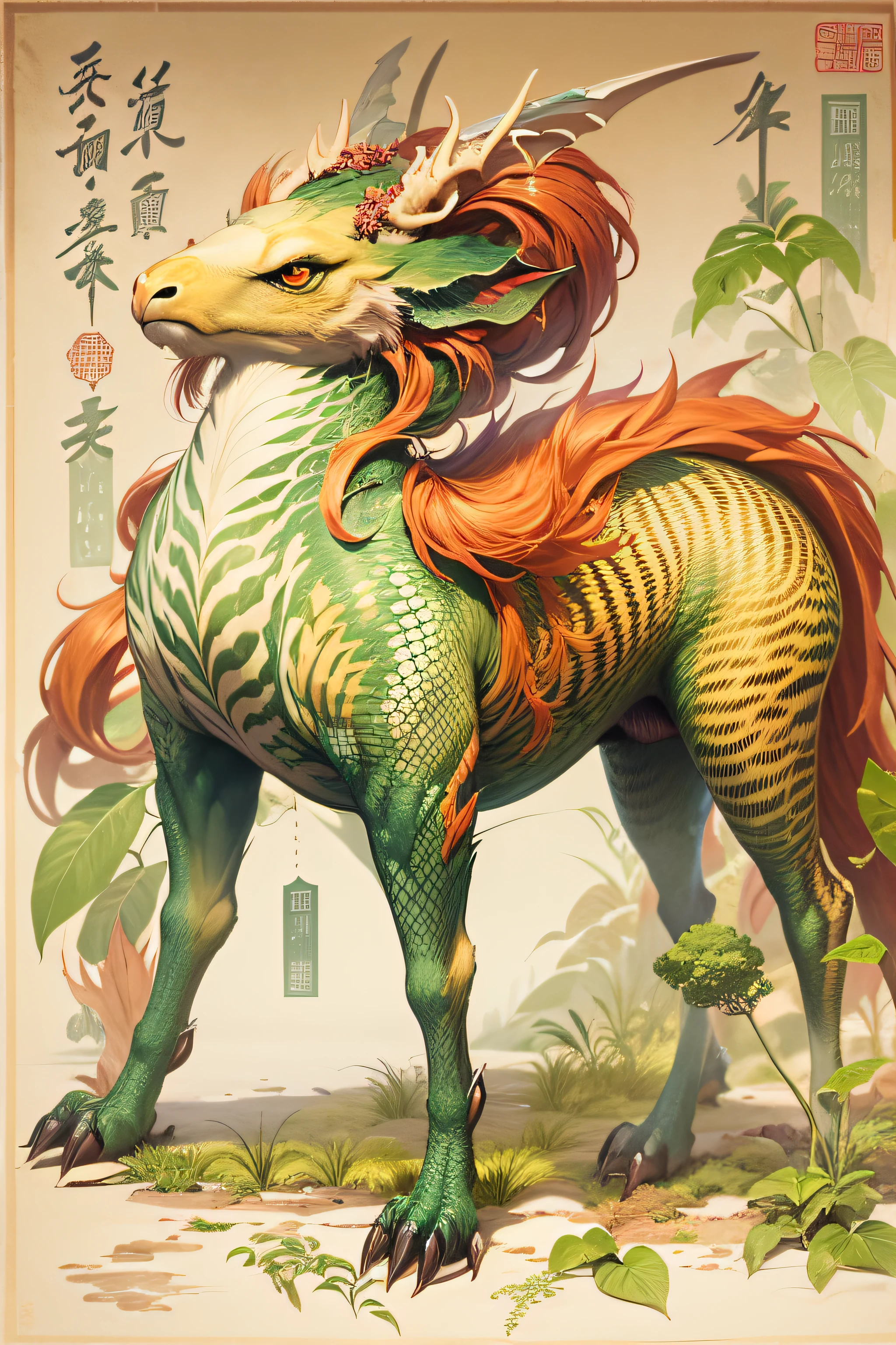 Paintings of mythical beasts in ancient Chinese legends, a mythical creature, mythological creatures, detailed creature, an ancient creature,、The horns are like deer、The head is like a camel;、Ears like cats、Eyes like shrimp、The mouth is like a donkey、Hair like a lion、The neck is like a snake、The abdomen resembles a mirage，Scales resemble carps、The front paws resemble an eagle，The hind paws are like tigers。