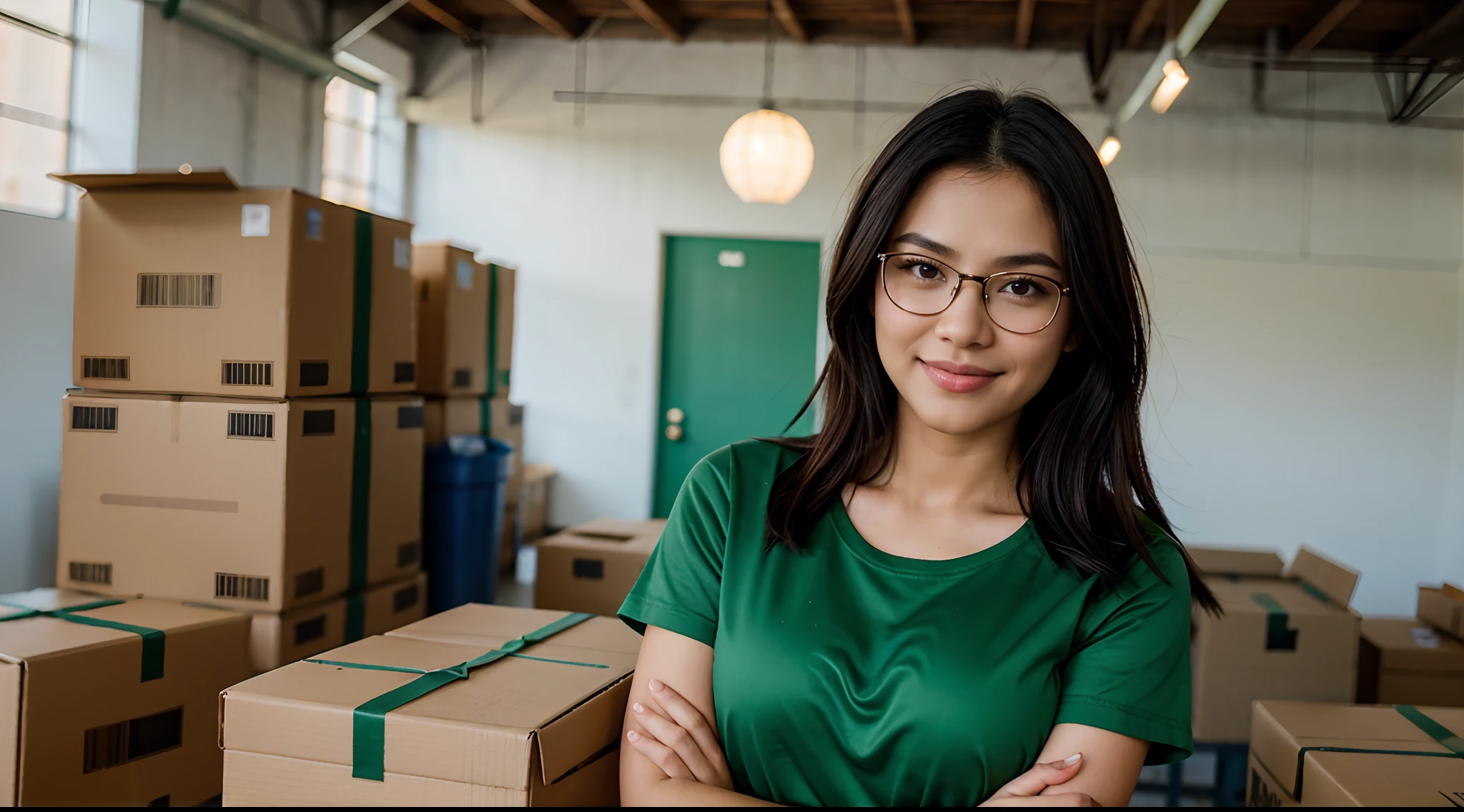 RAW Photo, DSLR BREAK (kkw-ph1:0.9) BREAK portrait of 1 young 20yo woman holding shipments, black hair, wearing plain green shirt, wearing black eyeglasses, wearing green trucker cap, perfect eyes, perfect lips, perfect nose, professional color graded, wonderful woman, ecommerce background, cute woman, smiling, medium tits, ecommerce warehouse, pinay, filipina, filipino woman, pointing up, looking up, rule of thirds shot