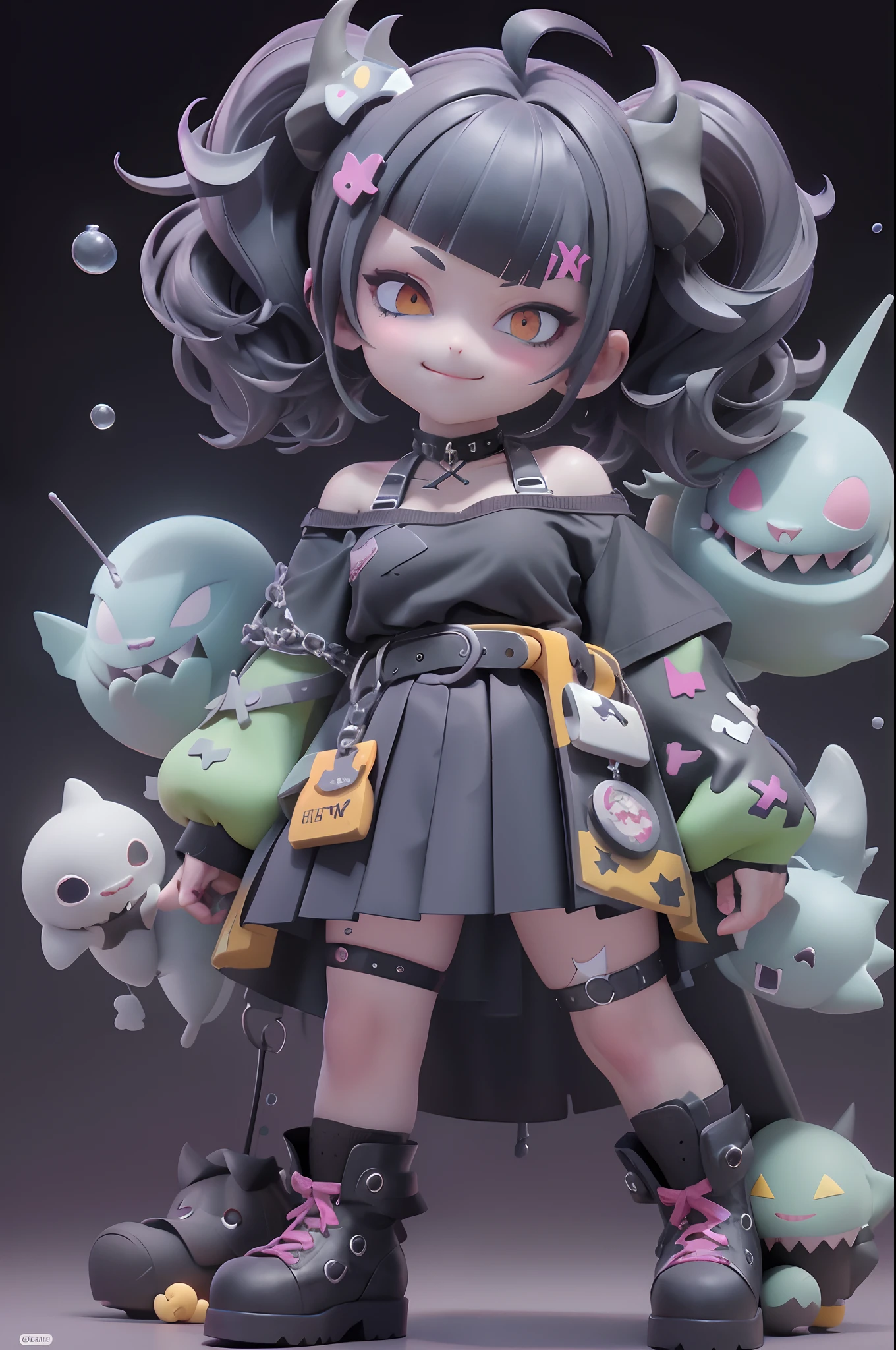 Cute little girl wrapped in clear plastic, Chibi, blue hair, ((Medium short hair)), ((messy Hair)), (Short hair), (((Unkempt hair))), ((big sized short twin tails)), ((diagonal bangs)), Yellow eyes, slant eyes, ((X-shaped pupils)), ((thick eyebrows)), fangs out, open mouth, (((Spiteful smile, smirk, fangs))), ((black short sleeve shirt)), black pleated short skirt, spike choker, spike leg ring, black shoes, yellow belt, huge breasts, Candy Color, Simple and light background, 3D toy, Cyberpunk style, cinema4d, Octane Render, 3Dmodel, Collectible toys,nendoroid,Street style,Pixar,Big shoes , fashion trend, close-up, Full Body --ar 2:3 --niji 5 --q 2 - s 100 - expressive style --s 2