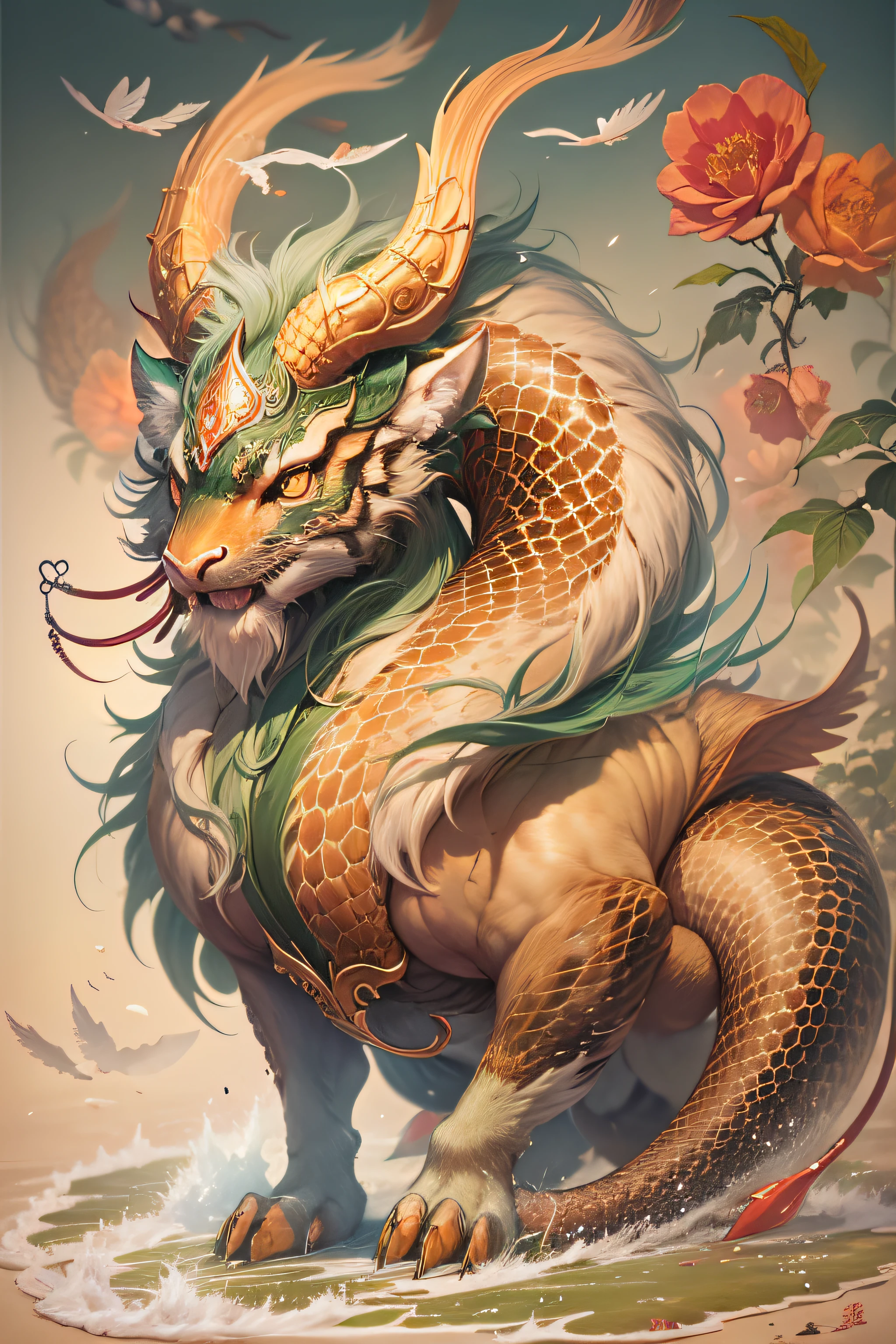 Paintings of mythical beasts in ancient Chinese legends, a mythical creature, mythological creatures, detailed creature, an ancient creature,、The horns are like deer、The head is like a camel;、Ears like cats、Eyes like shrimp、The mouth is like a donkey、Hair like a lion、The neck is like a snake、The abdomen resembles a mirage,Scales resemble carps、The front paws resemble an eagle,The hind paws are like tigers。