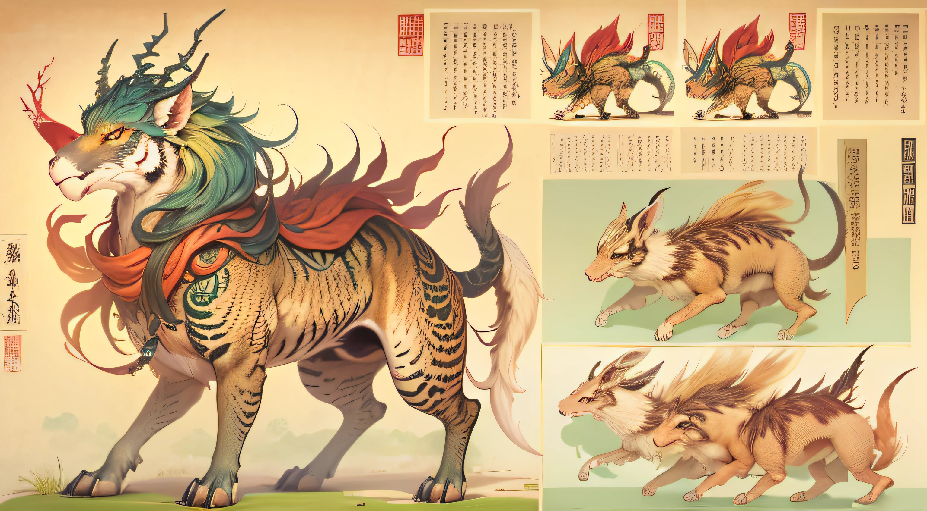 Paintings of mythical beasts in ancient Chinese legends, a mythical creature, mythological creatures, detailed creature, an ancient creature,、The horns are like deer、The head is like a camel;、Ears like cats、Eyes like shrimp、The mouth is like a donkey、Hair like a lion、The neck is like a snake、The abdomen resembles a mirage，Scales resemble carps、The front paws resemble an eagle，The hind paws are like tigers。