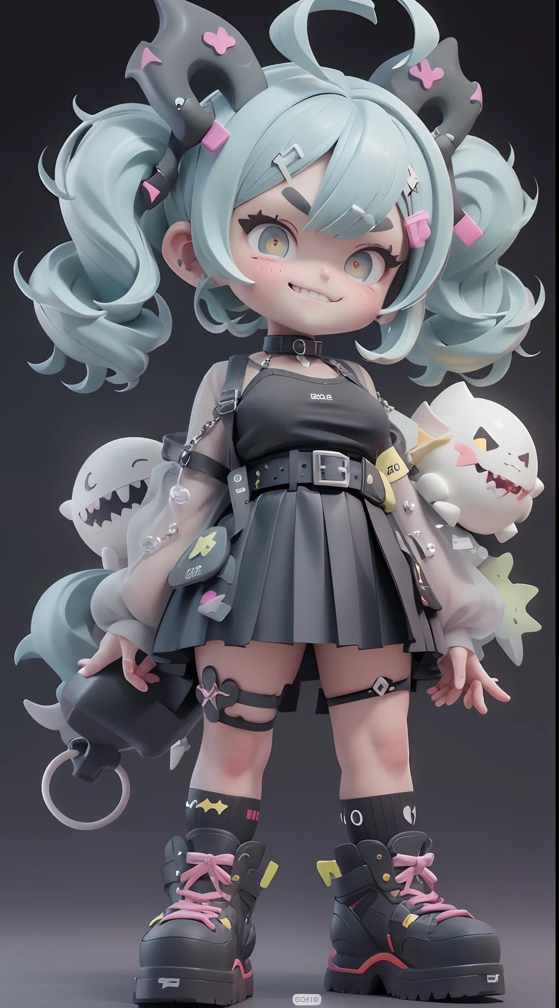 Cute little girl wrapped in clear plastic, Chibi, blue hair, ((Medium short hair)), ((messy Hair)), (Short hair), (((Unkempt hair))), ((big sized short twin tails)), ((diagonal bangs)), Yellow eyes, slant eyes, ((X-shaped pupils)), ((thick eyebrows)), fangs out, open mouth, (((grin smile, fangs))), ((black short sleeve shirt)), black pleated short skirt, spike choker, spike leg ring, black shoes, yellow belt, huge breasts, Candy Color, Simple and light background, 3D toy, Cyberpunk style, cinema4d, Octane Render, 3Dmodel, Collectible toys,nendoroid,Street style,Pixar,Big shoes , fashion trend, close-up, Full Body --ar 2:3 --niji 5 --q 2 - s 100 - expressive style --s 2