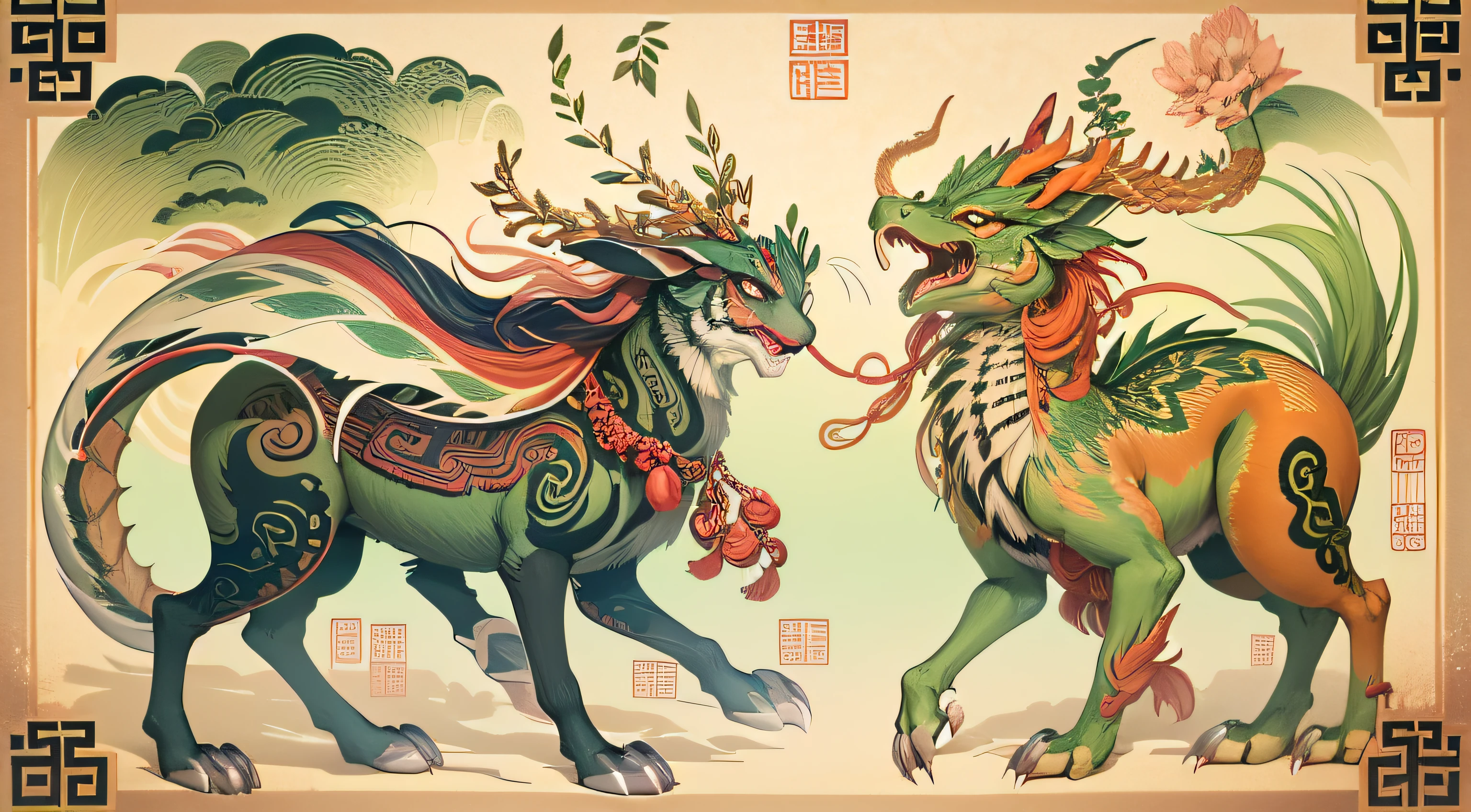 Paintings of mythical beasts in ancient Chinese legends, a mythical creature, mythological creatures, detailed creature, an ancient creature,、The horns are like deer、The head is like a camel;、Ears like cats、Eyes like shrimp、The mouth is like a donkey、Hair like a lion、The neck is like a snake、The abdomen resembles a mirage,Scales resemble carps、The front paws resemble an eagle,The hind paws are like tigers。