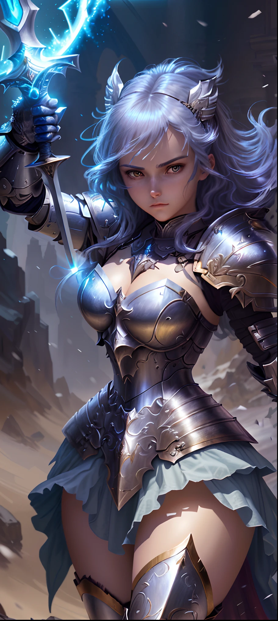 A female valkyrie from Valhalla (small breasts, dark blue hair), masterpiece, best quality, (extremely detailed unity 8k CG wallpaper), (best quality), (best illustration), (best shadow), absurdities, realistic lighting, (Abyss), beautiful detailed brightness,