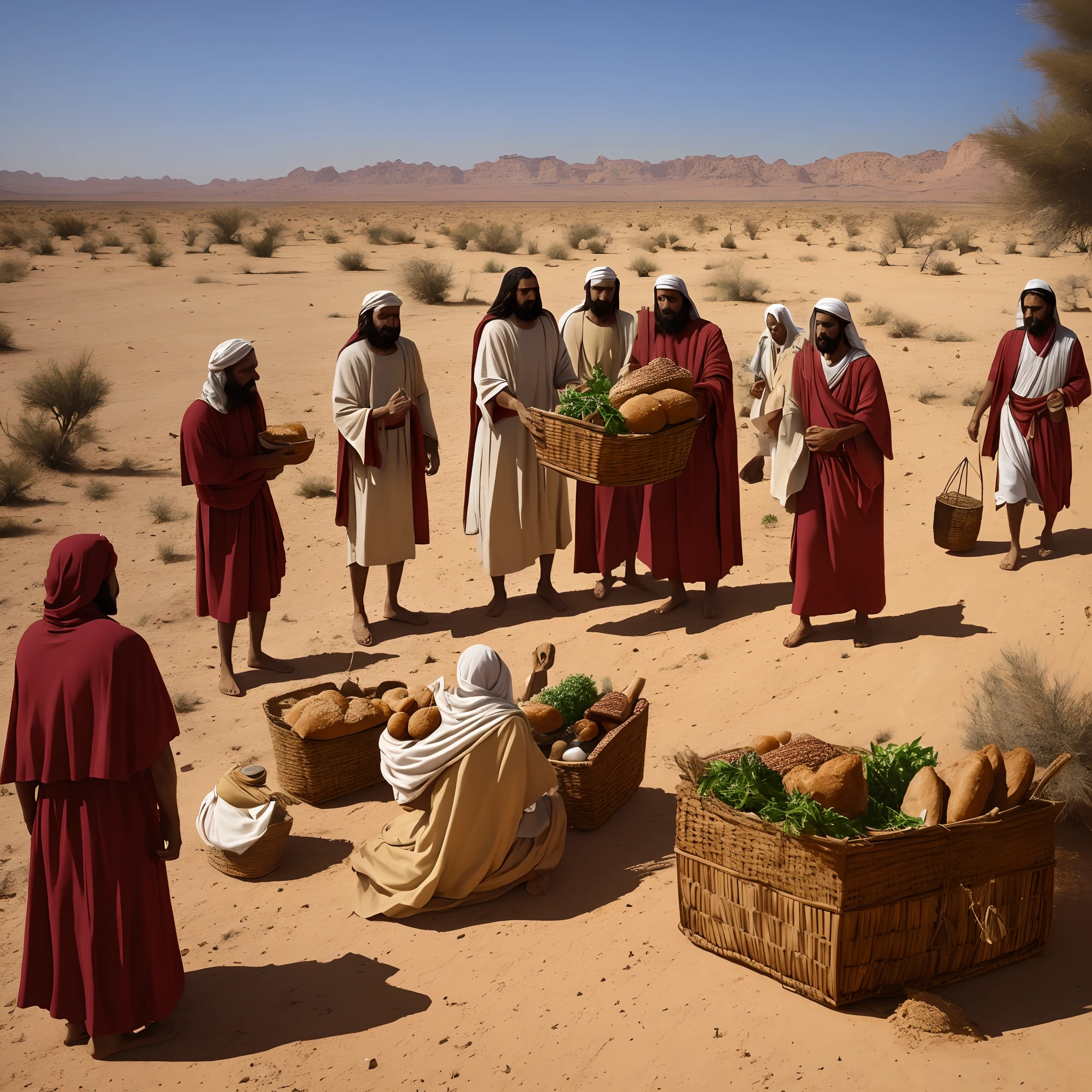Um profeta no deserto, jesus, with his disciples, multiplying the bread and wine in basket, 8k foto raw, mais alta qualidade, obra-prima