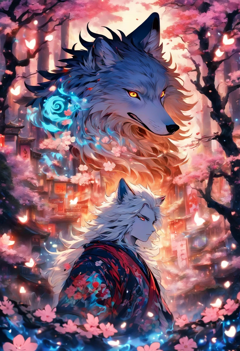 The most beautiful and enchanted wolf spirit, white hair, glowing blue eyes, tons of tattoos and piercings, in the most beautiful enchanted forest, graffiti and kanji elements in the background, cherry blossoms blowing in the wind, highly detailed, perfect masterpiece, high quality, high resolution