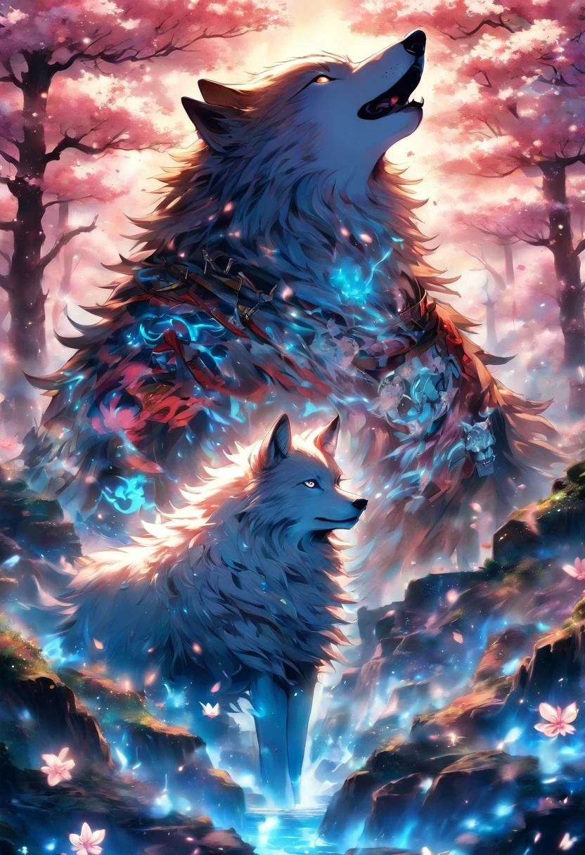 The most beautiful and enchanted wolf spirit, white hair, glowing blue eyes, tons of tattoos and piercings, in the most beautiful enchanted forest, graffiti and kanji elements in the background, cherry blossoms blowing in the wind, highly detailed, perfect masterpiece, high quality, high resolution