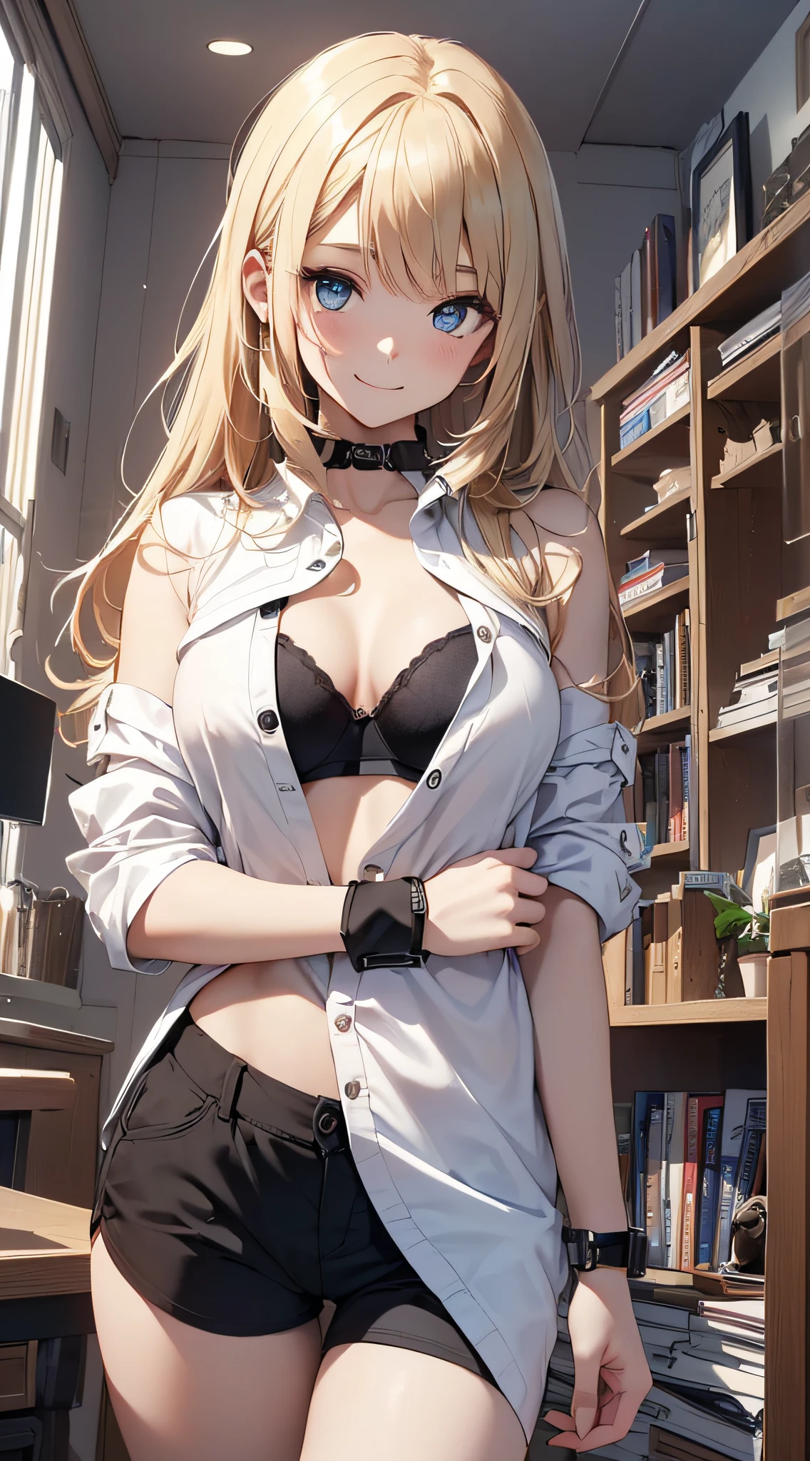 top-quality、Top image quality、masterpiece、girl with((18year old、 White Y-shirt with open buttons、Black Sports Bra、Black shorts、Best Bust、Bust 85、a blond、Semi-long、Blue eyes、open chest wide、Valley、Happiness、Black wristband on wrist、A slender、耳Nipple Ring、The wind blows,Smile、Undressing))hiquality、Camera Film Style、Background with((Nice and clean room.))、Depth(The table、DVR、bookcase)masutepiece、cool style、Elaborate design、visualart