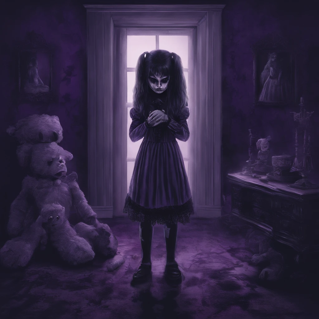 A sad adolescent girl with a lolita outfit, on her knees, holding a teddybear, in the middle of a dark purple room, demons grabbing her, shadow monsters, childhood trauma, nightmare