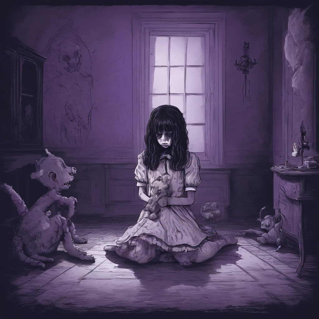 A sad adolescent girl with a lolita outfit, on her knees, holding a teddybear, in the middle of a dark purple room, demons grabbing her, shadow monsters, childhood trauma, nightmare
