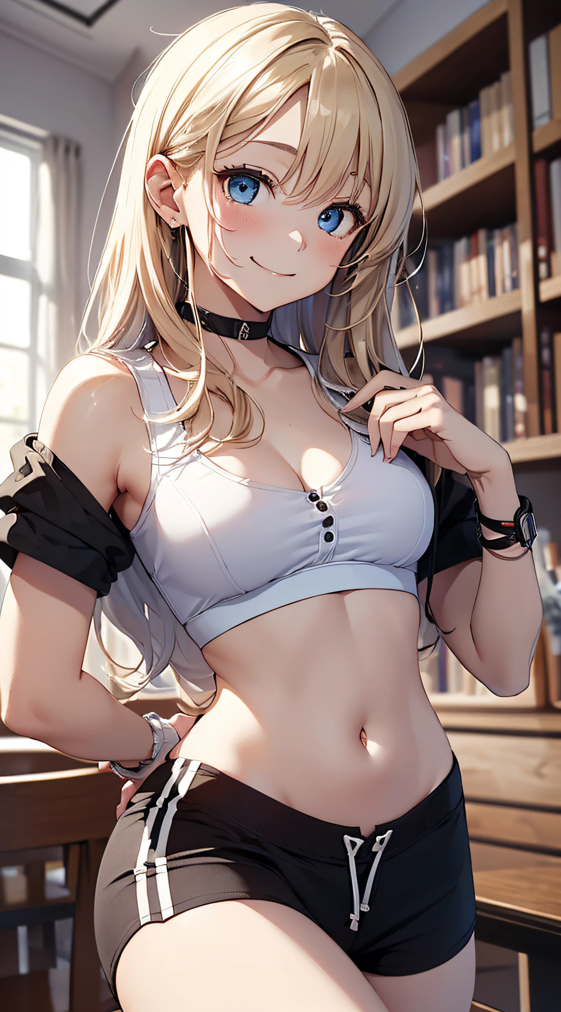top-quality、Top image quality、​masterpiece、girl with((18year old、 White Y-shirt with open buttons、Black Sports Bra、Black shorts、Best Bust、Bust 85、a blond、Semi-long、Blue eyes、open chest wide、Valley、Happiness、Black wristband on wrist、A slender、耳Nipple Ring、The wind blows,Smile、Undressing)）hiquality、Camera Film Style、Background with((Nice and clean room.))、Depth(The table、DVR、bookcase）masutepiece、cool style、Elaborate design、visualart