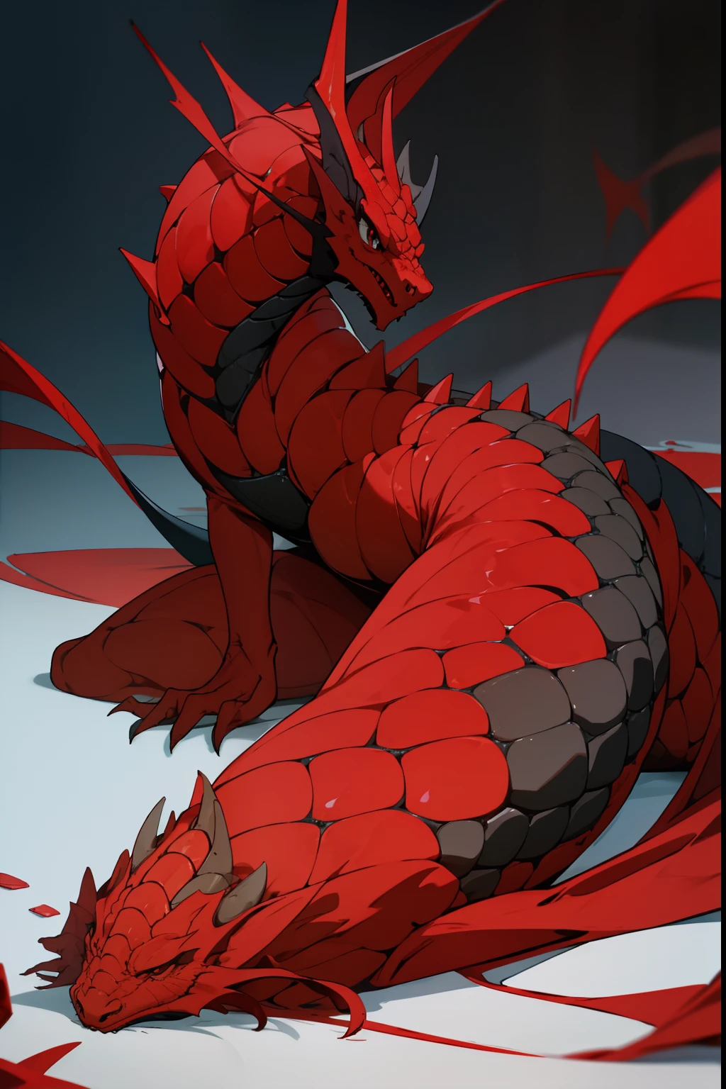 An evil dragon，immensity，Not human，Thick long tail，Hard scales，on the floor on all fours,Black and red color scheme，Three View，quadratic element