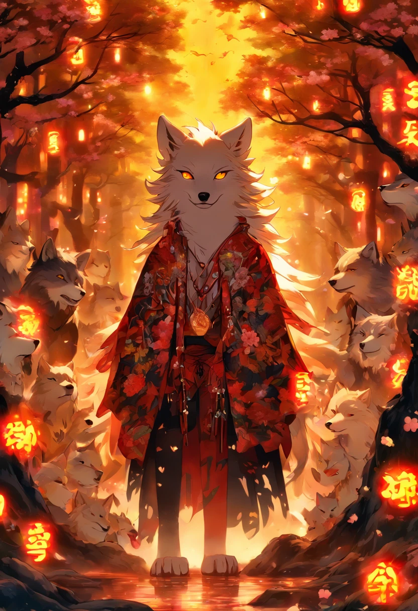 The most beautiful and enchanted wolf spirit, white hair, glowing yellow eyes, tons of tattoos and piercings, in the most beautiful enchanted forest, graffiti and kanji elements in the background, cherry blossoms blowing in the wind, highly detailed, perfect masterpiece, high quality, high resolution