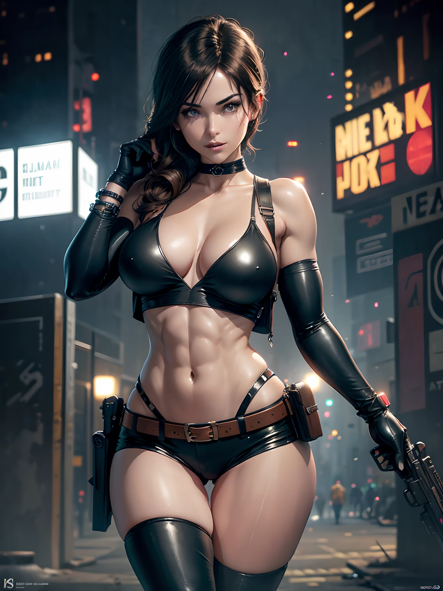 (New York: 1.3), (time square), (master piece,
best quality: 1.2)(zombies in the background: 1.2), Alice resident evil, 1 girl, only, long hair, breasts, smile, big breasts, brown hair, blue eyes, vest, big hair, blonde hair,
light hair, parted lips, Attire, Two-tone hair, open jacket, outlined lips, Black bodysuit, covered navel, makeup, muscular, headband, Abs, tight skin, tight black clothes, muscular female, dyed bangs,
black bodysuit, full bodysuit, (leather shorts and belt: 1.5), (big tech gun: 1.3), Looking at Viewer, (medium boobs: 1.3),
(hanging breasts: 1.3), (full breasts: 1.3), (realism: 1.5), (Realisitc: 1.4), (Absurdity: 1.4), 8k, ultra-detailed, Detailed beautiful woman, (only: 1.4), 1girl, (Viewer facing:1.2),