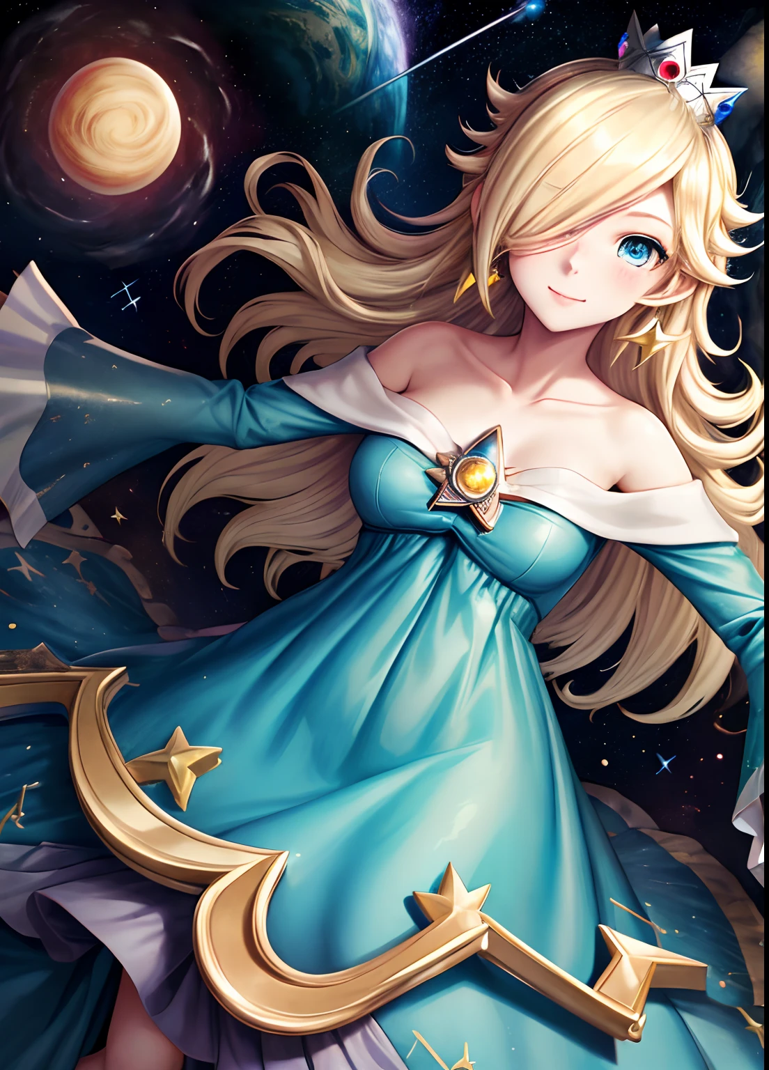 masterpiece, best quality, rosalina, 1girl, solo, blue dress, crown, blonde hair, stunning blue eyes, light freckles, perfect face, floating in space, starry sky, nebulas, shooting stars, planets, slight smile, blush, Lovecraftian atmosphere, long sleeves, sleeves covering hands