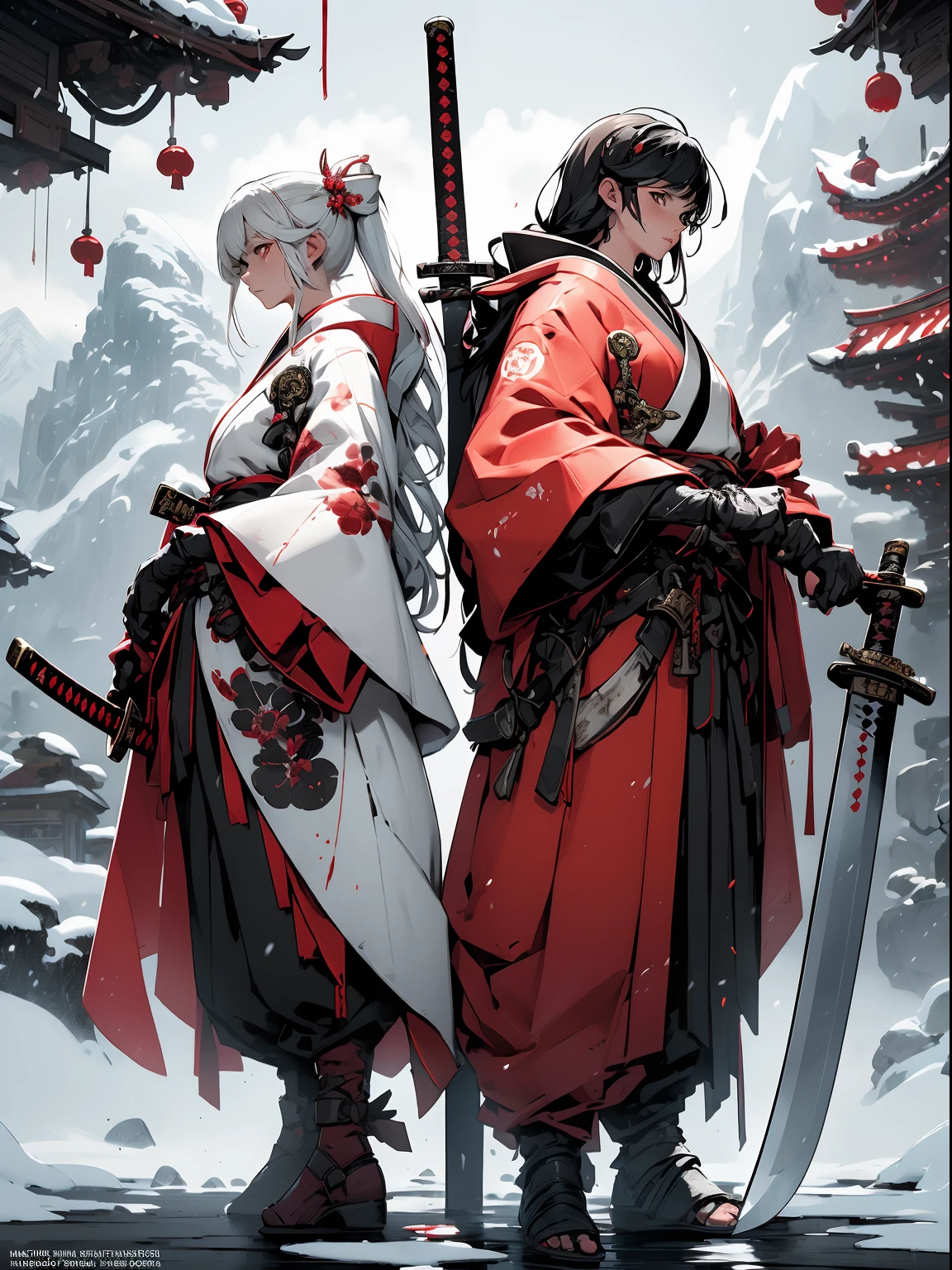 (woman swordsman、Hold the sword、Iai-no-I、Japanese Katana Sword)(Masterpiece 1.4, Best Quality 1.4、Detailed skin、beautiful expression),1girl in, Detailed skin、Detailed and Beautiful Face 1.4、Bow, Long hair, A dark-haired , Hair fluttering in the wind、White and red kimono、Long Hakama、 Blood-stained kimono、Sandals、Bright red blood splattered on the white snow、Official art, Good composition, Official Pose, detailed portrait,Clouds and mountains background, Samurai, High resolution, Dramatic lighting and shadows, snowscape、In the wooded forest
