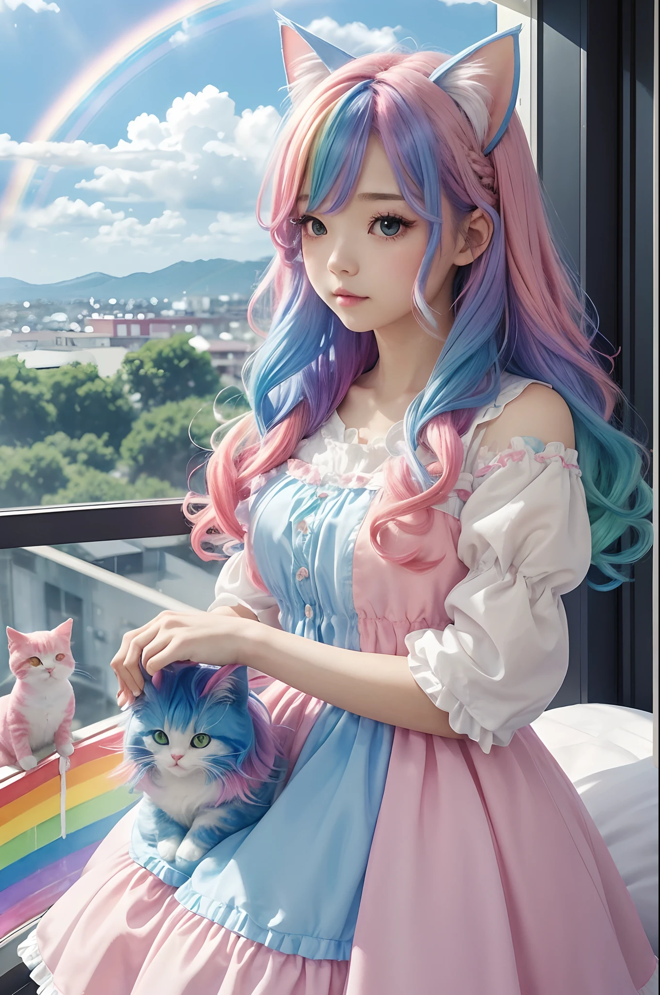 Yumekawa 、Cute as a dream、a pale、Moya、(masterpiece、top-quality、top-quality、watercolor paiting(Curly)、Take a cute cat、Official art、Beautifully Aesthetic:1.2)、(2Beautiful girl of man:1.3)、The upper part of the body、Flirting、lesbian、Lolita Fashion、Lolita、looking at the viewers、patterns、(rainbow-colored hair、colourful hair、Half blue and half pink hair:1.2)、Soap bubbles、Rainbow behind、clouds、colourfull、Soap bubbles、Hair spreads throughout、kawaii、pastels、Large ribbon、Lovely room、Rainbow Cat Plush Toy