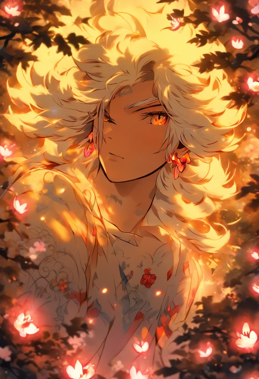 The most beautiful and enchanted wolf spirit, white hair, glowing yellow eyes, tons of tattoos and piercings, in the most beautiful enchanted forest, graffiti and kanji elements in the background, cherry blossoms blowing in the wind, highly detailed, perfect masterpiece, high quality, high resolution