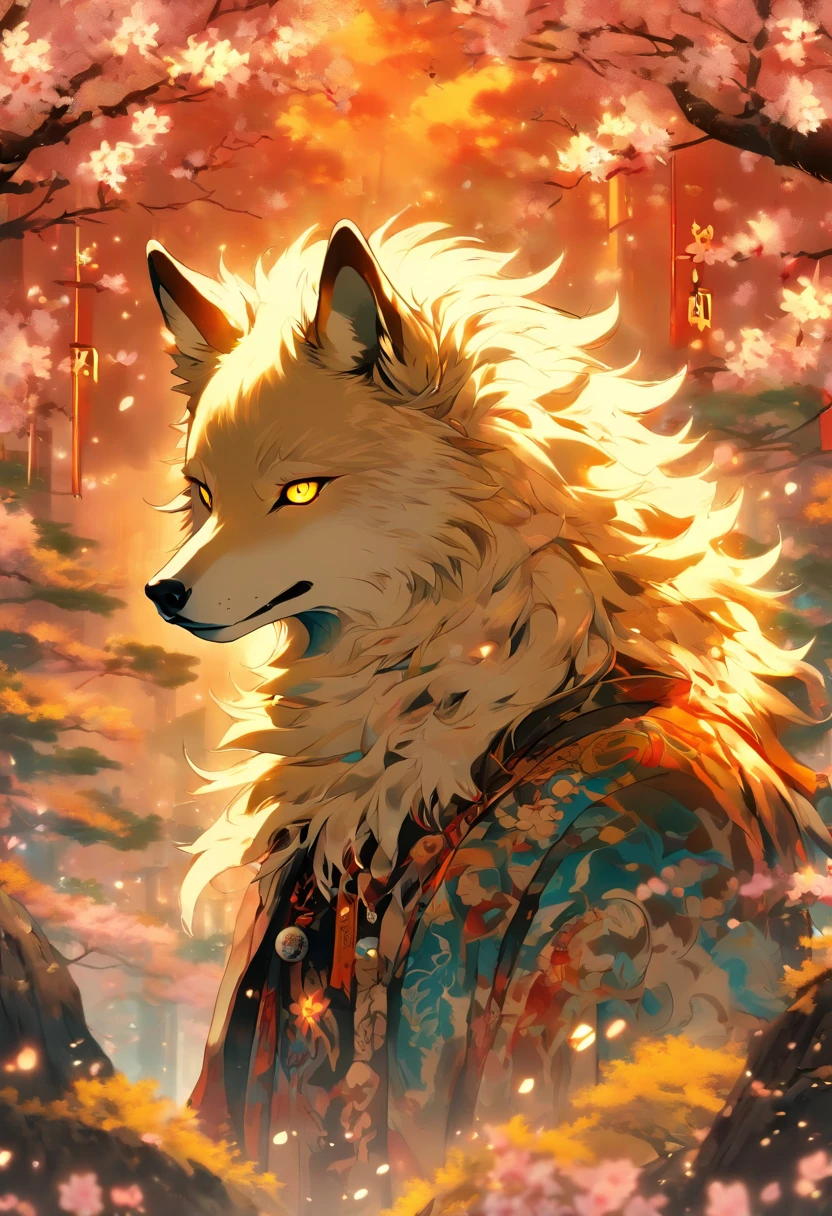 The most beautiful and enchanted wolf spirit, white hair, glowing yellow eyes, tons of tattoos and piercings, in the most beautiful enchanted forest, graffiti and kanji elements in the background, cherry blossoms blowing in the wind, highly detailed, perfect masterpiece, high quality, high resolution